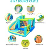 FBSPORT Springkasteel met ventilator, waterspeelcentrum met droog-/waterglijbaan, kinderbadje, klimwand, spring- en basketbalmand, groot springkasteel voor binnen en buiten, geschikt voor maximaal 4