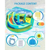 FBSPORT Springkasteel met ventilator, waterspeelcentrum met droog-/waterglijbaan, kinderbadje, klimwand, spring- en basketbalmand, groot springkasteel voor binnen en buiten, geschikt voor maximaal 4