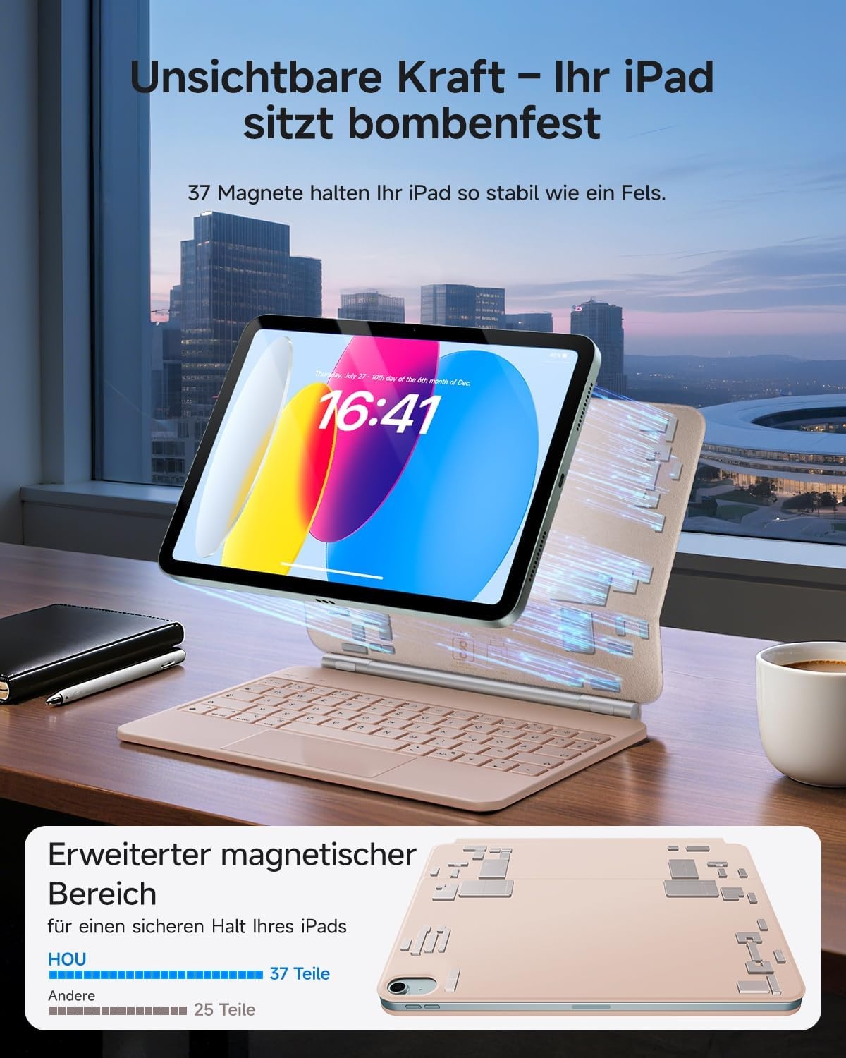 HOU Hoes met verlicht toetsenbord voor de iPad 10e generatie - Praktische en veelzijdige hoes met geïntegreerd toetsenbord, roze