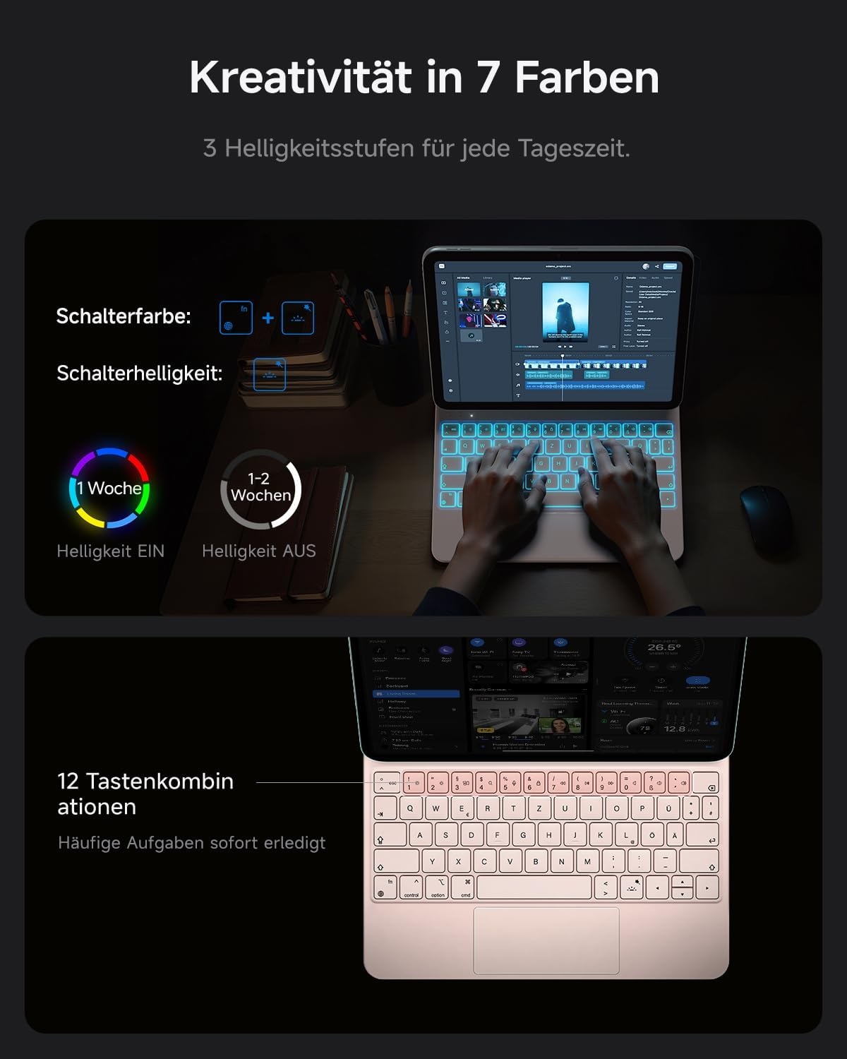 HOU Hoes met verlicht toetsenbord voor de iPad 10e generatie - Praktische en veelzijdige hoes met geïntegreerd toetsenbord, roze