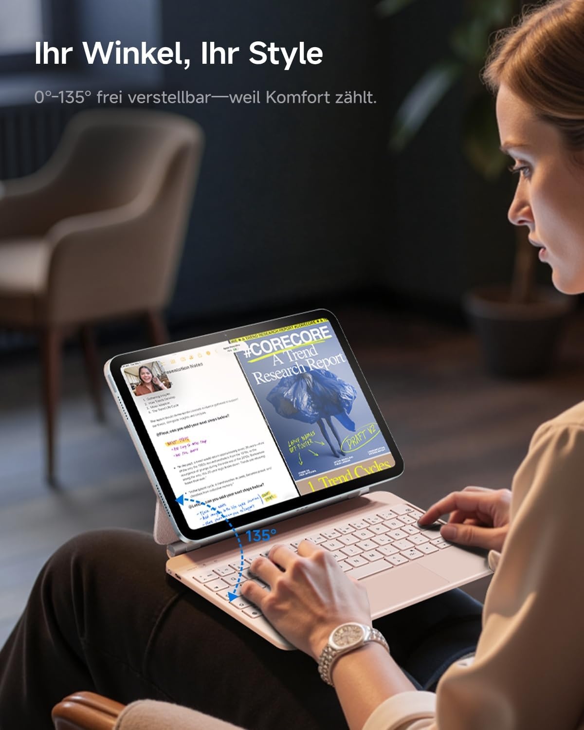 HOU Hoes met verlicht toetsenbord voor de iPad 10e generatie - Praktische en veelzijdige hoes met geïntegreerd toetsenbord, roze