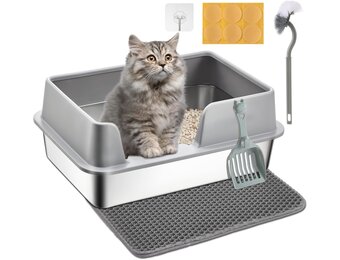 Papettly Kattenbak van roostervrij staal, halfgesloten, hoge afneembare rand, kattenbakmat, eenvoudig reinigen, 50x35x20 cm