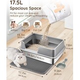 Papettly Kattenbak van roostervrij staal, halfgesloten, hoge afneembare rand, kattenbakmat, eenvoudig reinigen, 50x35x20 cm