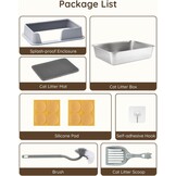 Papettly Kattenbak van roostervrij staal, halfgesloten, hoge afneembare rand, kattenbakmat, eenvoudig reinigen, 50x35x20 cm