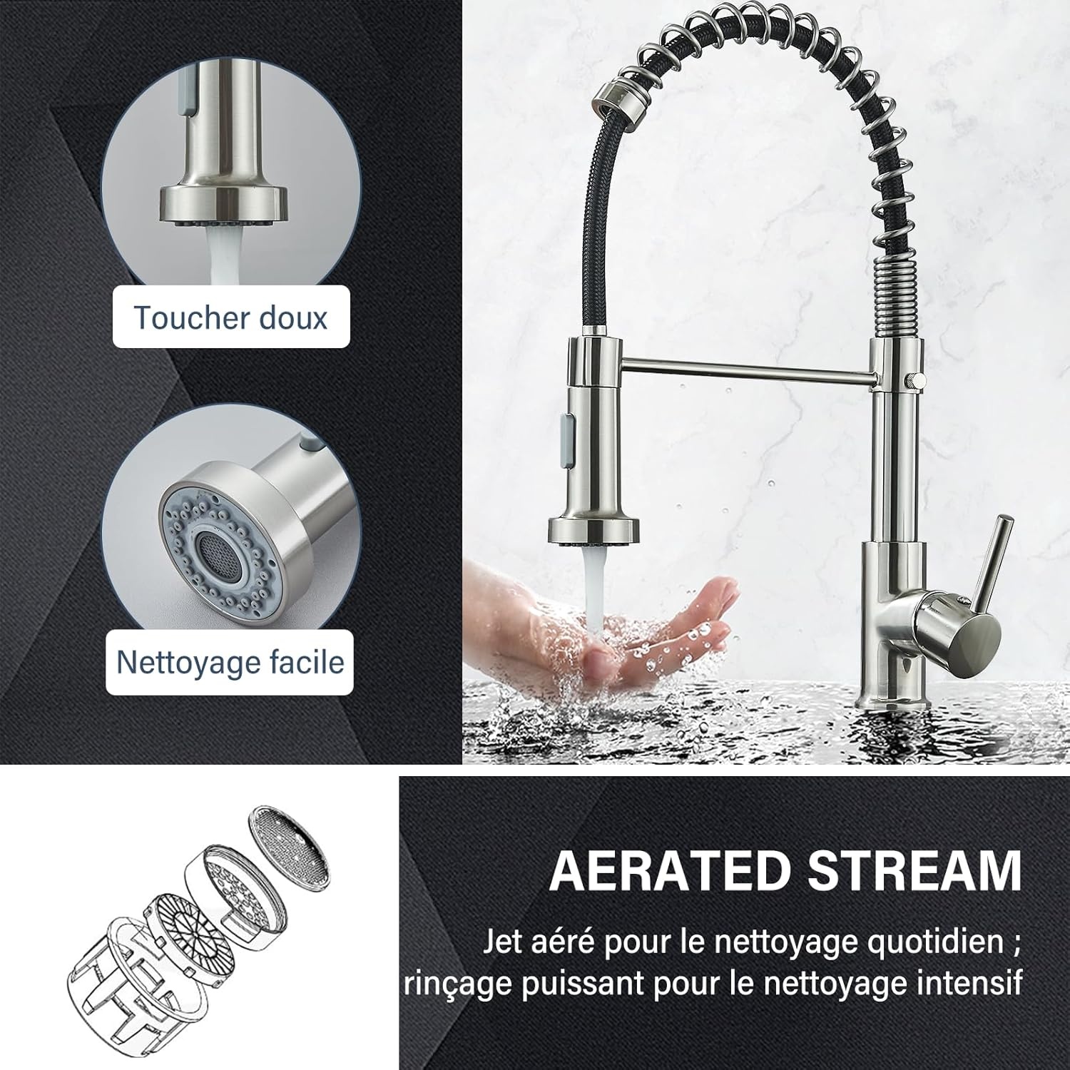 Keukenkraan voor spoelbak met regenboog, inschuifbaar, 2 sproeimodi, messing, geborsteld nikkel