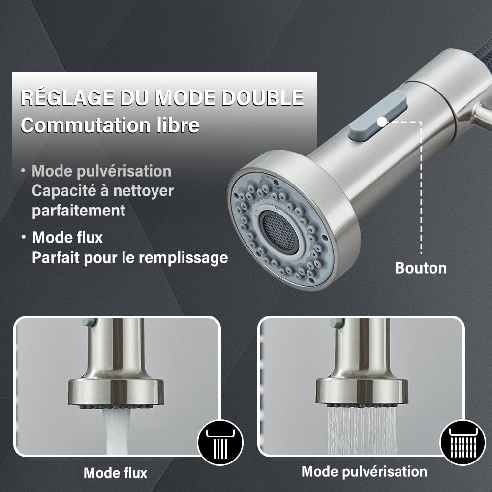 Keukenkraan voor spoelbak met regenboog, inschuifbaar, 2 sproeimodi, messing, geborsteld nikkel