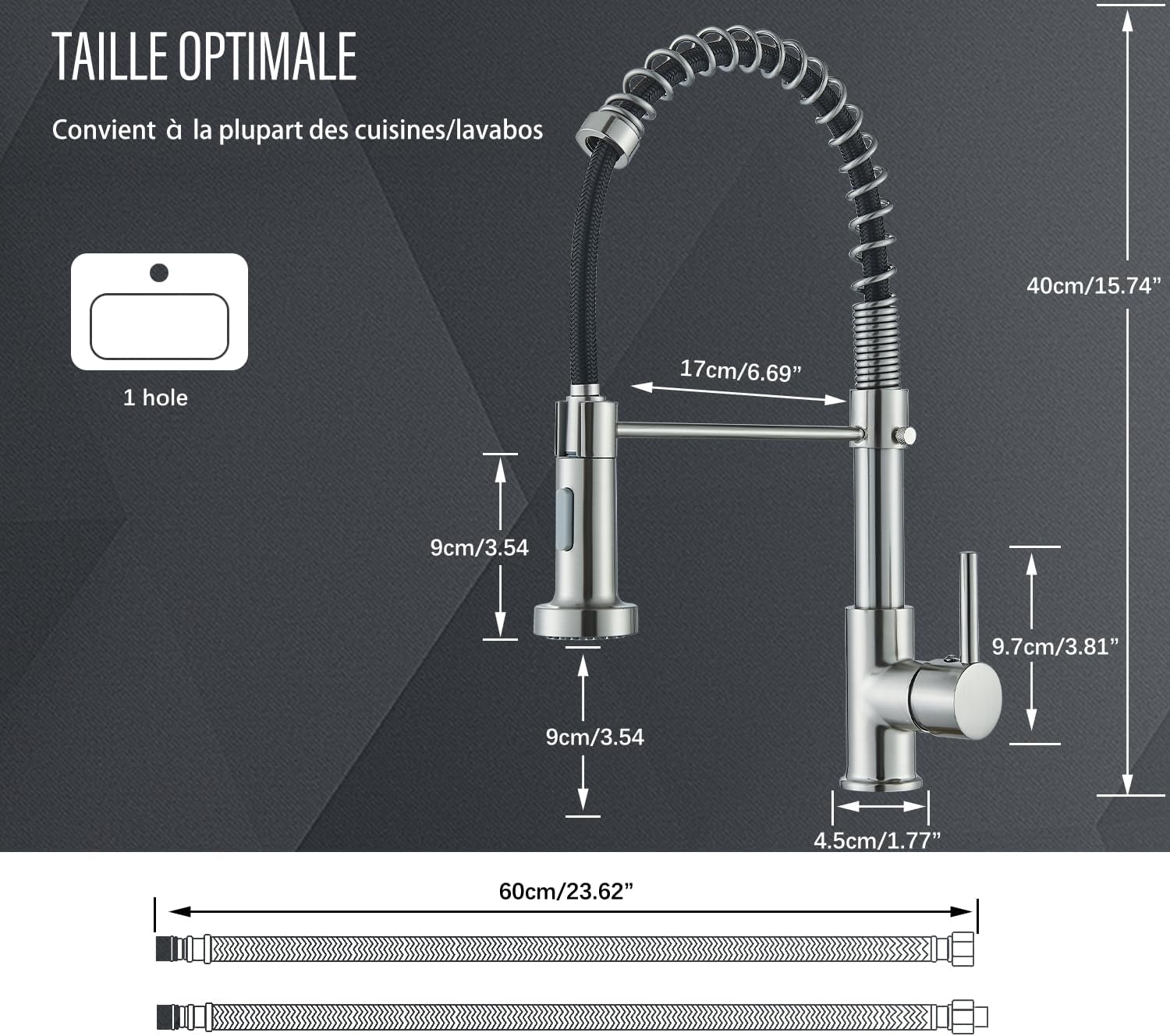 Keukenkraan voor spoelbak met regenboog, inschuifbaar, 2 sproeimodi, messing, geborsteld nikkel