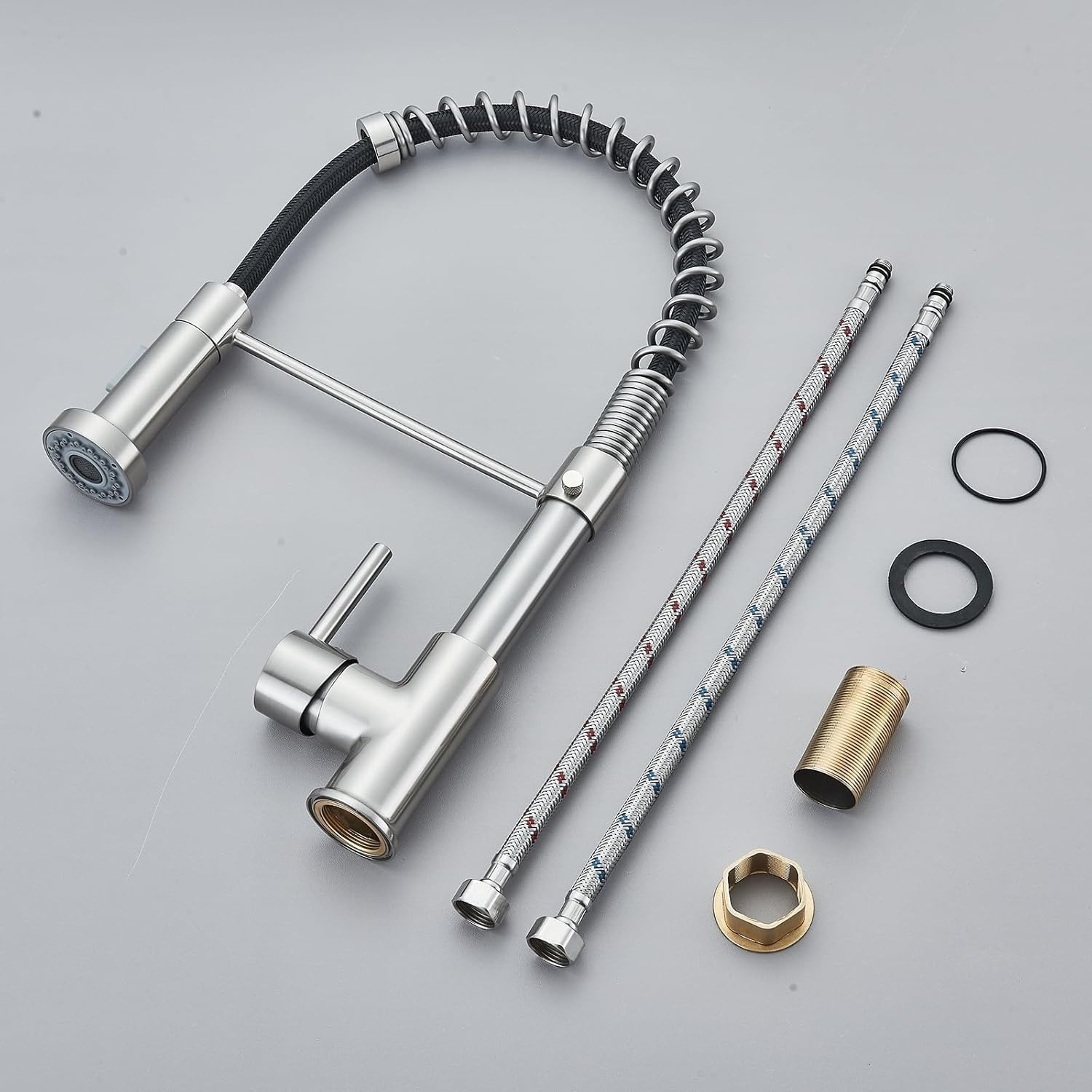 Keukenkraan voor spoelbak met regenboog, inschuifbaar, 2 sproeimodi, messing, geborsteld nikkel