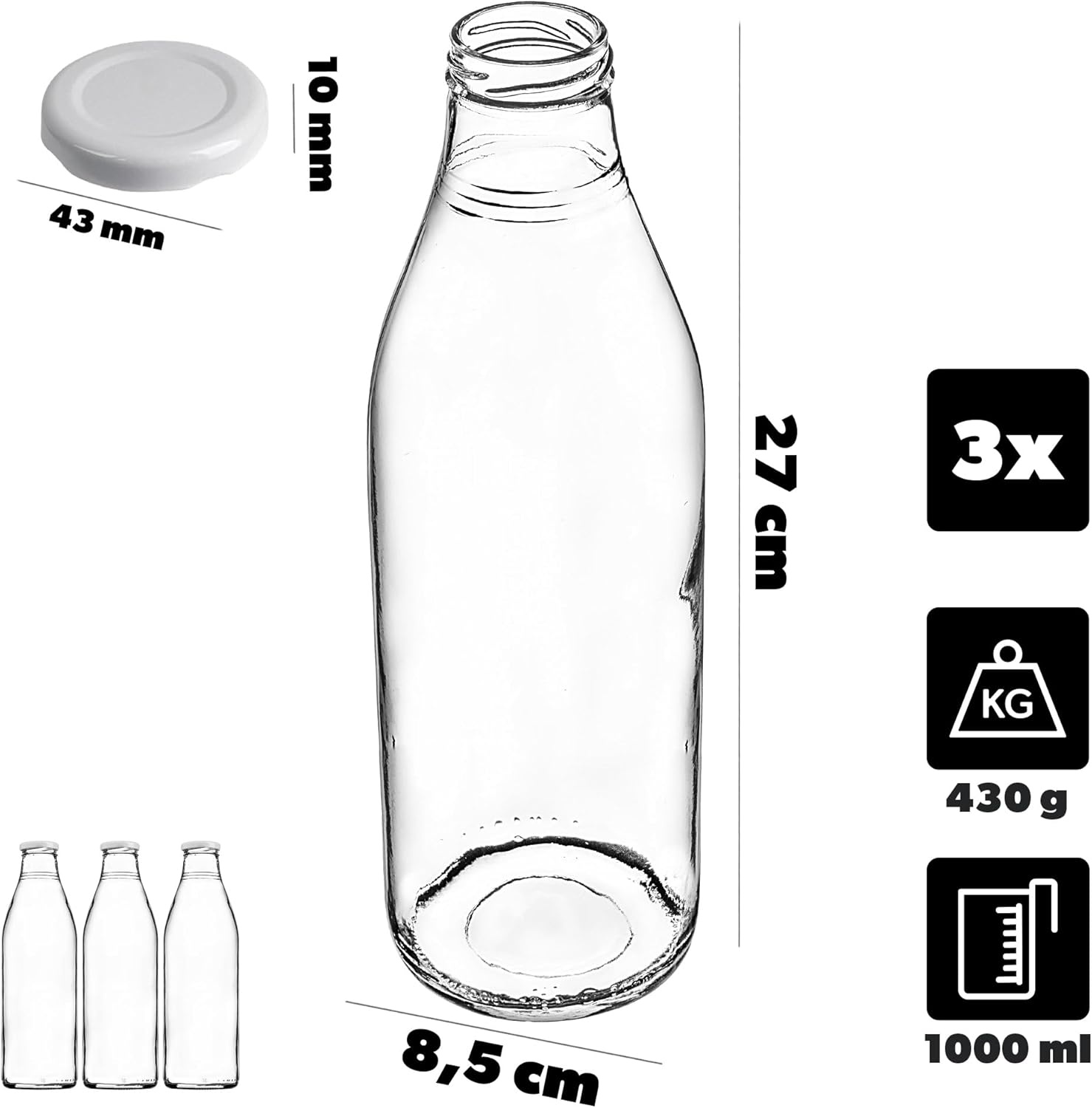 KADAX Sapflessen, 1 l, 3 stuks, glazen flessen met schroefdop, diameter 43 mm, lege flessen om in te maken, inmaakflessen voor het vullen van sap en siroop (zilver)