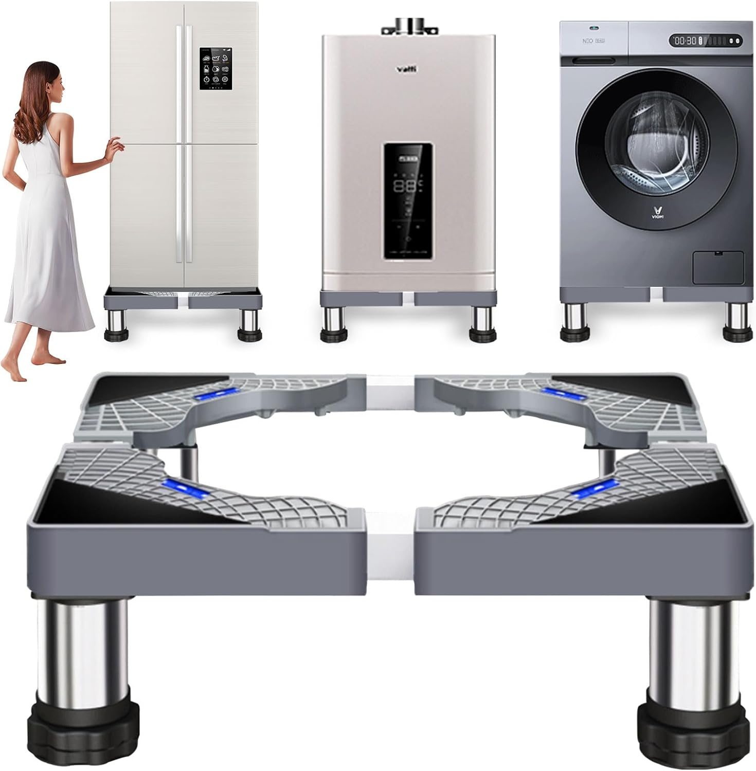 Wasmachine-onderstel, verstelbaar roestvrij wasmachine-onderstel, hoogte 17-20 cm, verstelbare breedte 40-60 cm, voor koelkast, wasmachine, droger, vriezer