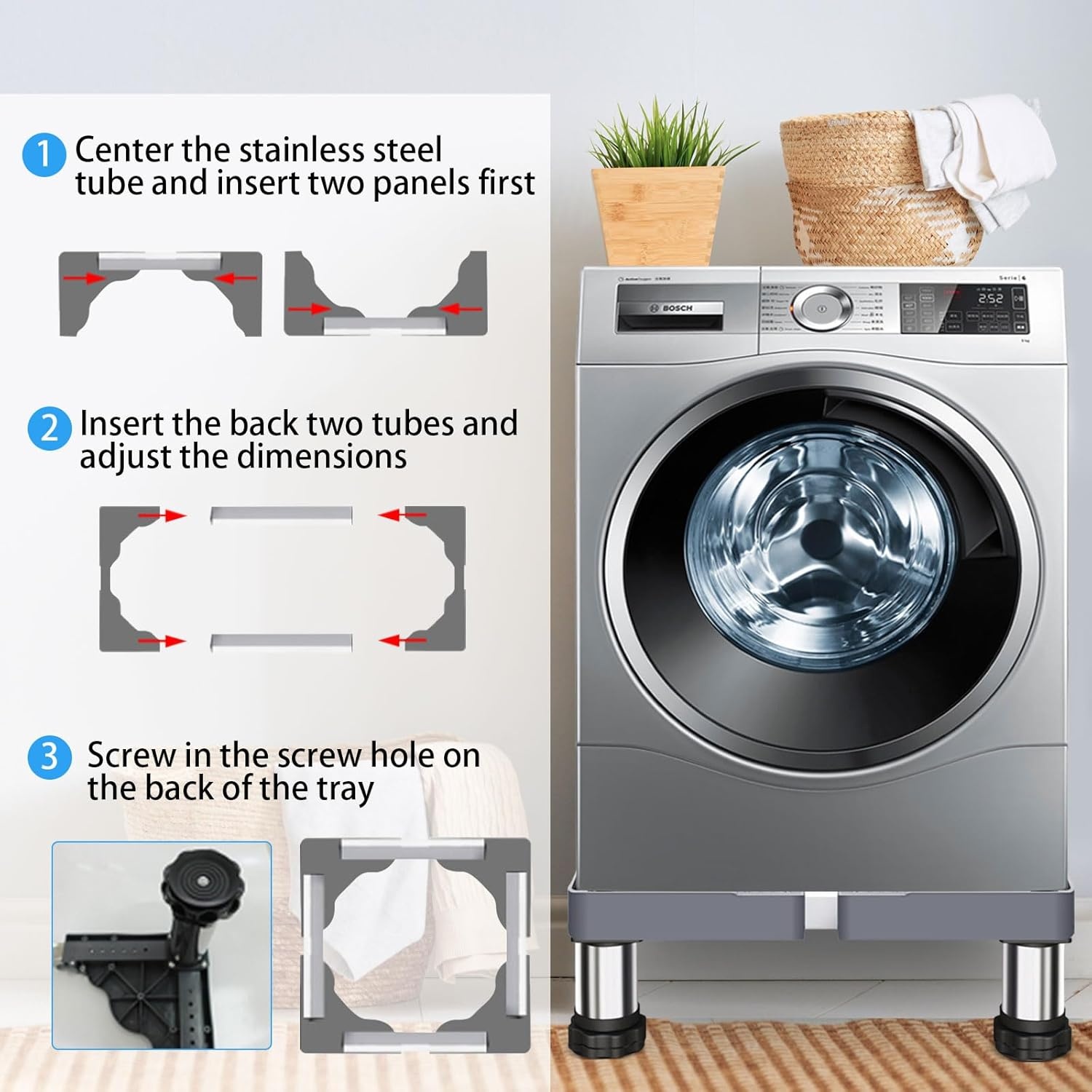 Wasmachine-onderstel, verstelbaar roestvrij wasmachine-onderstel, hoogte 17-20 cm, verstelbare breedte 40-60 cm, voor koelkast, wasmachine, droger, vriezer