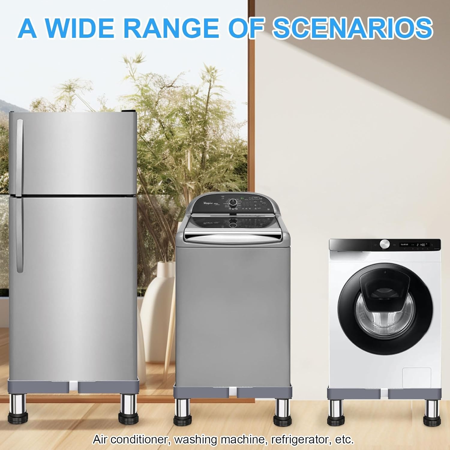 Wasmachine-onderstel, verstelbaar roestvrij wasmachine-onderstel, hoogte 17-20 cm, verstelbare breedte 40-60 cm, voor koelkast, wasmachine, droger, vriezer