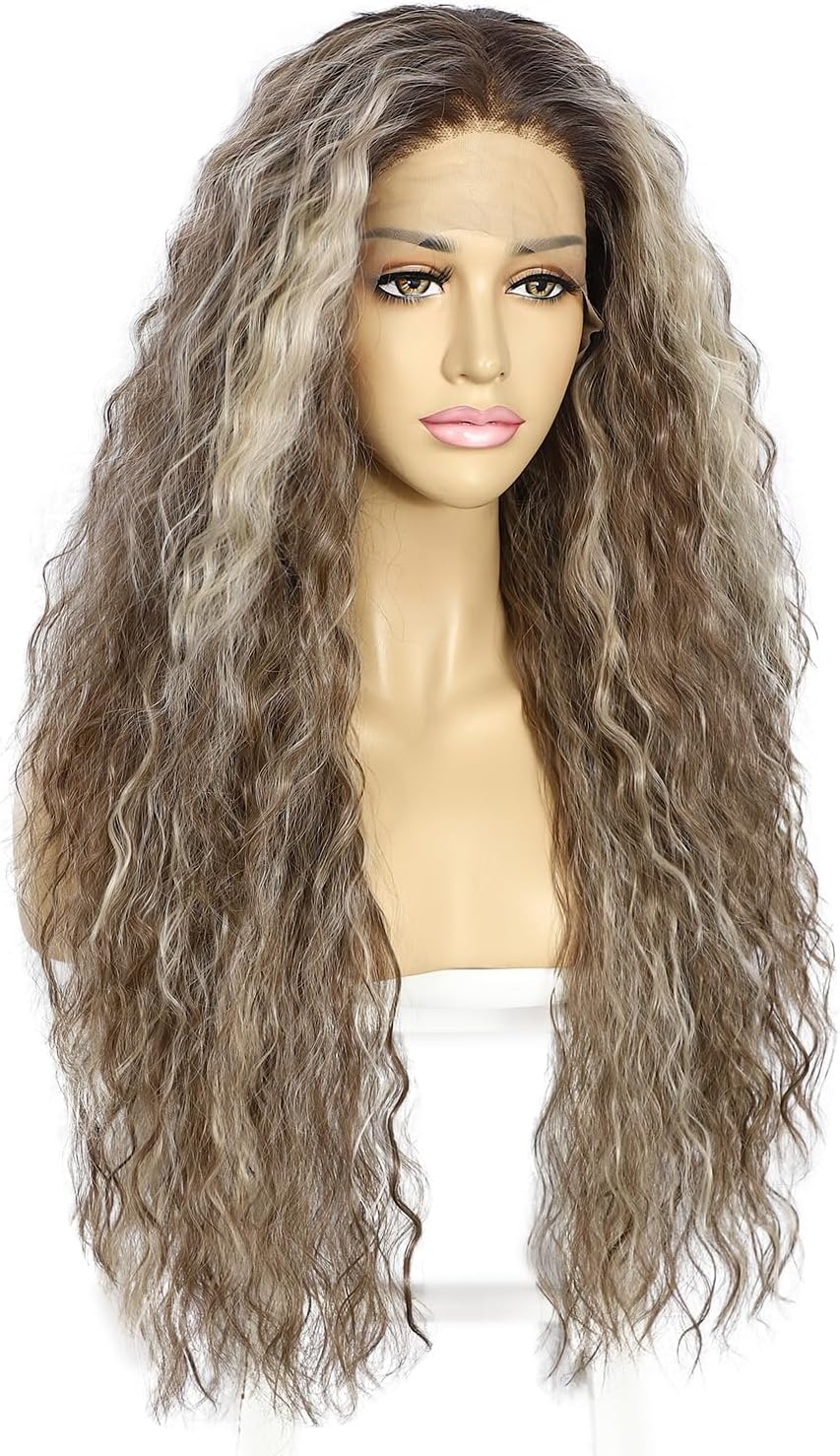 Sapphirewigs Highlights krullende lace front pruik, ombre grijs, synthetische pruiken voor vrouwen, 13 x 3 cm, dagelijks dragen, feest, Kerstmis, Halloween, hittebestendig, 66,1 cm