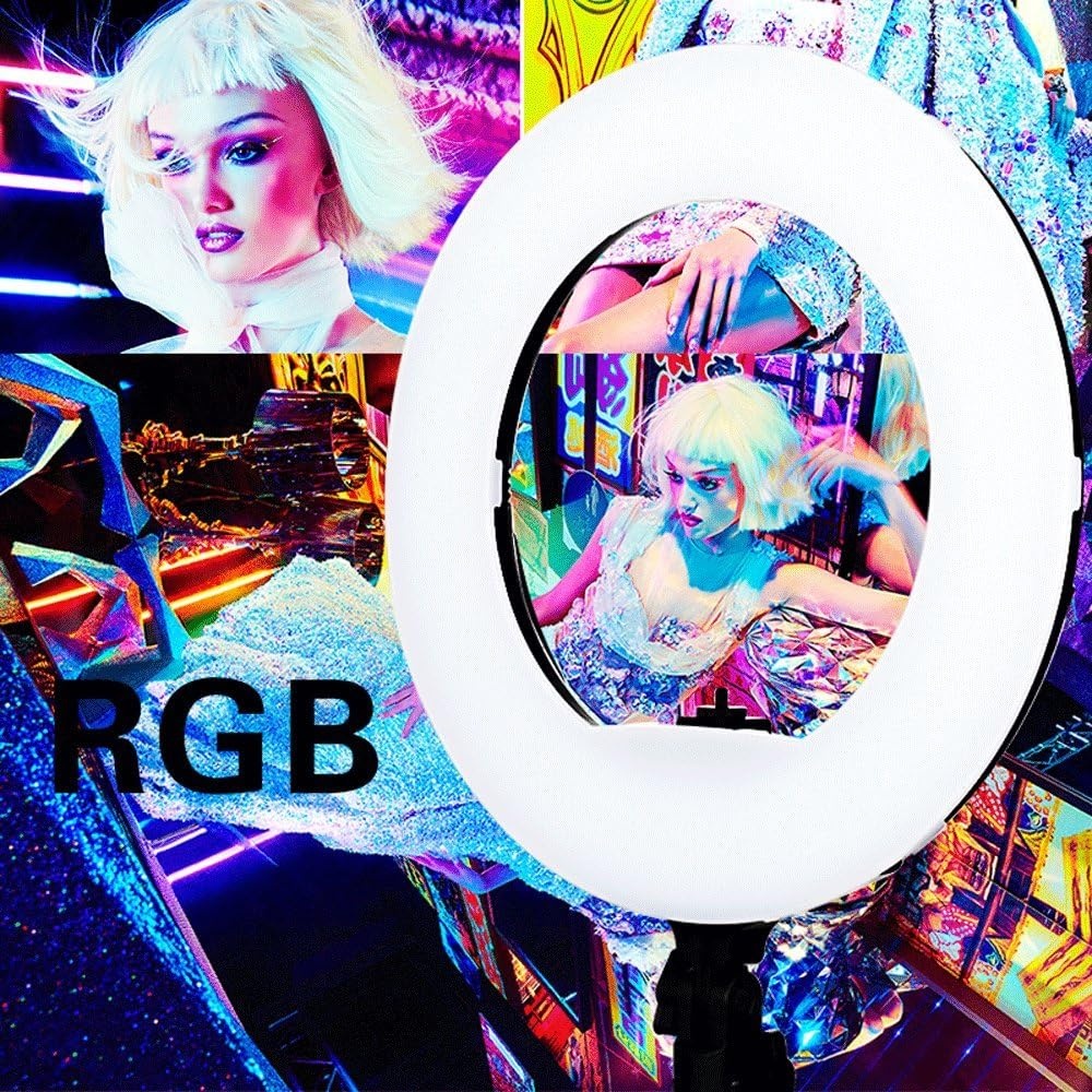 18 "LED dimbare verlichting studio video ring licht kit:afstandsbediening,telefoon app bediening,batterij,RGB + W kleuren lamp,statief,voor DSLR,iPhone & Android smartphones