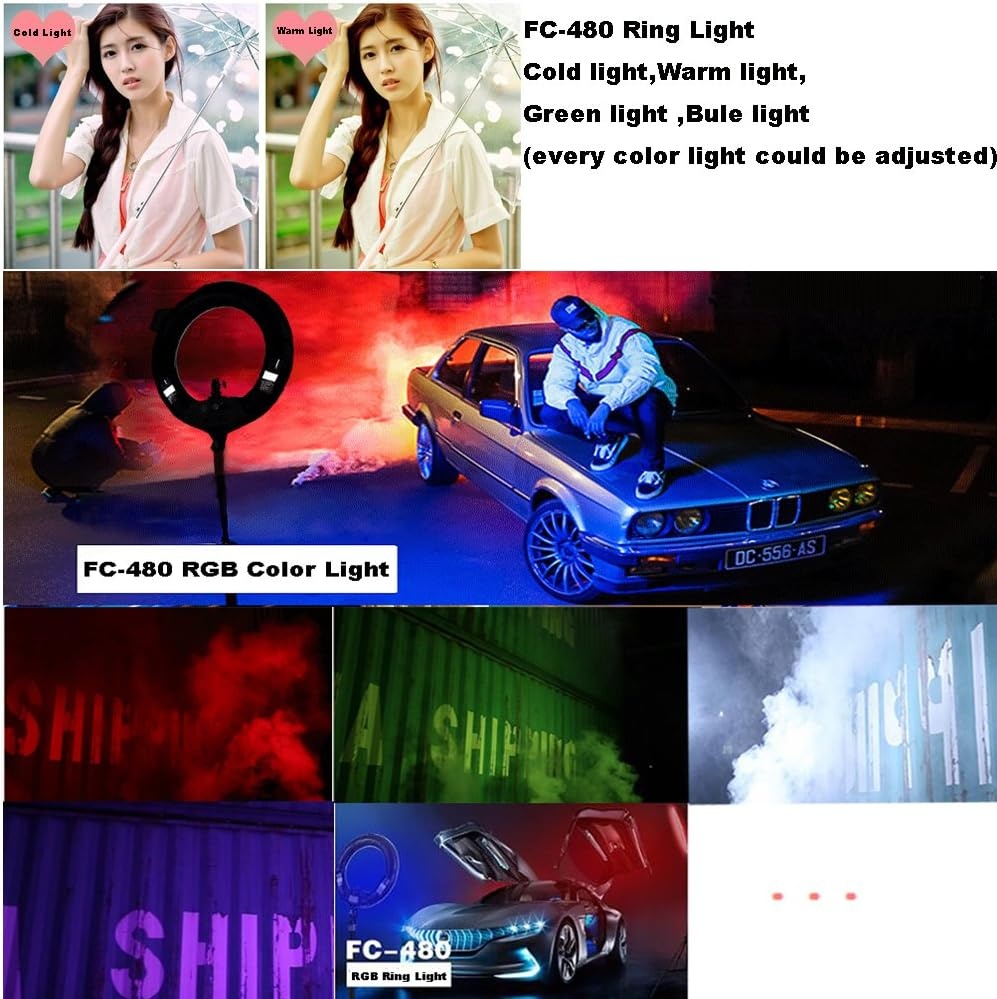 18 "LED dimbare verlichting studio video ring licht kit:afstandsbediening,telefoon app bediening,batterij,RGB + W kleuren lamp,statief,voor DSLR,iPhone & Android smartphones