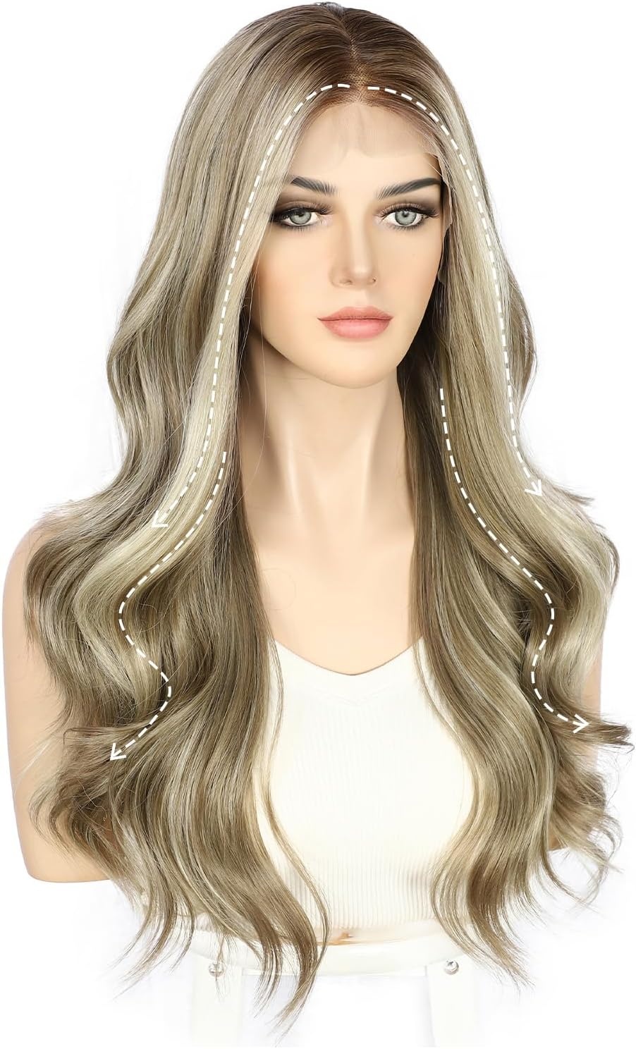 Sapphirewigs Lace Front Pruik 13X4 Synthetische Pruiken Body Wave Bruin Hoogtepunt Lace Front Haar Pre-geplukt Dagelijkse Slijtage Party Datum Kerst 22 inch