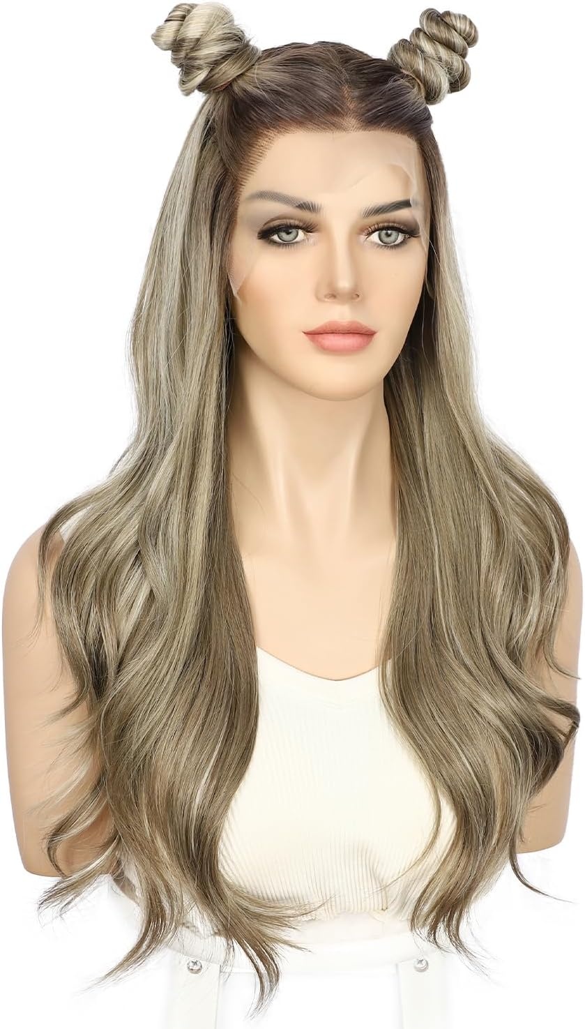 Sapphirewigs Lace Front Pruik 13X4 Synthetische Pruiken Body Wave Bruin Hoogtepunt Lace Front Haar Pre-geplukt Dagelijkse Slijtage Party Datum Kerst 22 inch