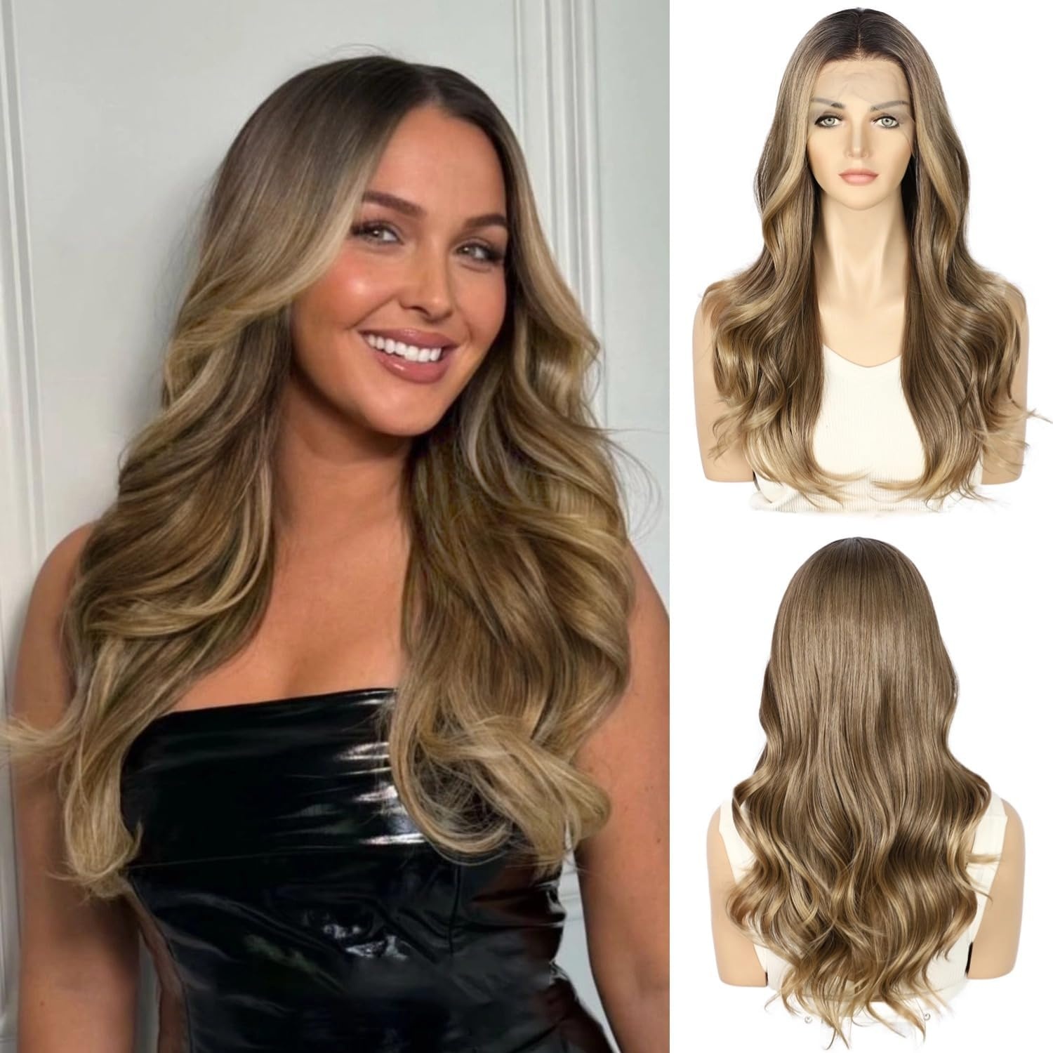 Sapphirewigs Lace Front Pruik 13X4 Synthetische Pruiken Body Wave Bruin Hoogtepunt Lace Front Haar Pre-geplukt Dagelijkse Slijtage Party Datum Kerst 22 inch