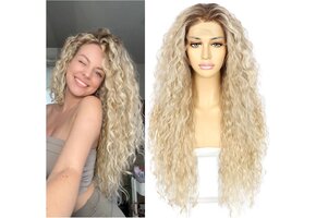 Sapphirewigs Krullende Lace Front Pruik Blond Synthetische Pruiken voor Vrouwen Mix Blond 13x3 Dagelijks Dragen Feest Kerstmis Halloween Hittebestendig 26 inch