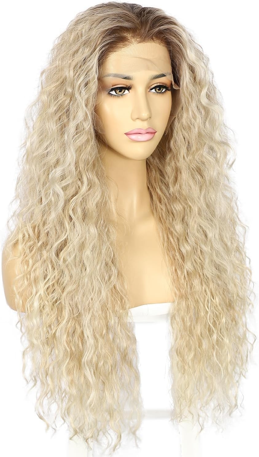 Sapphirewigs Krullende Lace Front Pruik Blond Synthetische Pruiken voor Vrouwen Mix Blond 13x3 Dagelijks Dragen Feest Kerstmis Halloween Hittebestendig 26 inch