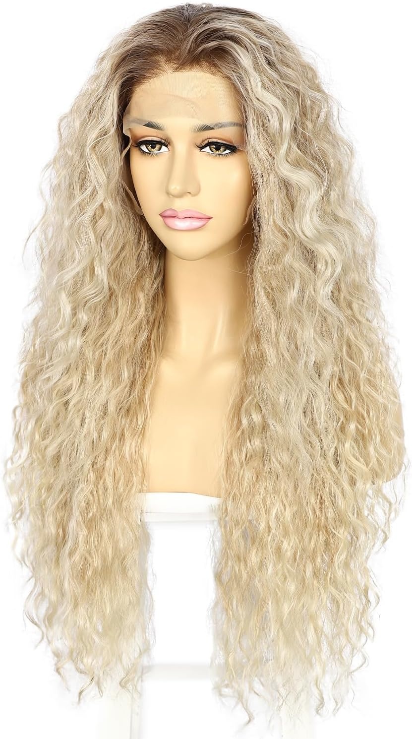 Sapphirewigs Krullende Lace Front Pruik Blond Synthetische Pruiken voor Vrouwen Mix Blond 13x3 Dagelijks Dragen Feest Kerstmis Halloween Hittebestendig 26 inch