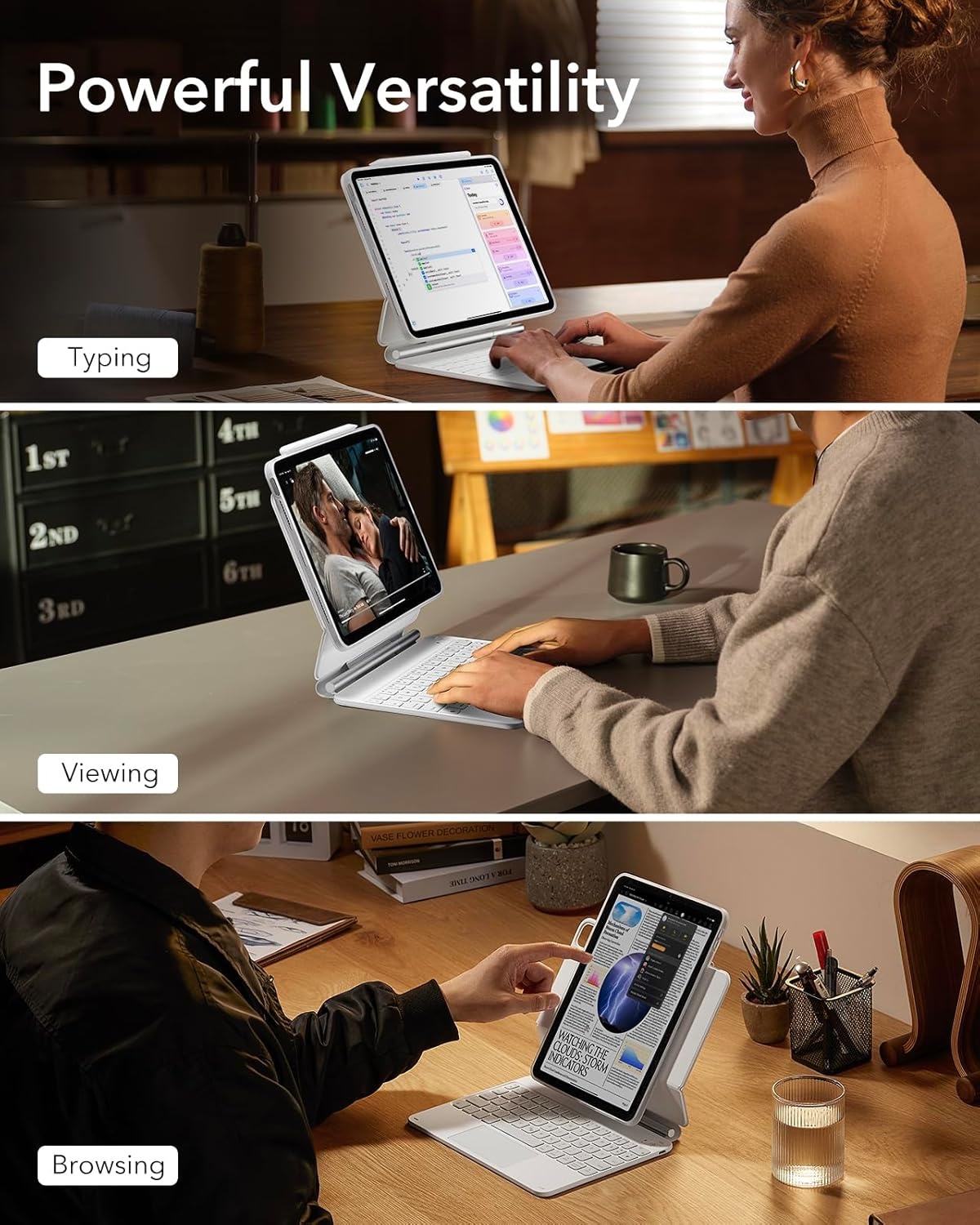 ESR Hoesje met toetsenbord, toetsenbord voor iPad Air 11 inch (M3/M2, 2025/2024), Pro 11/Air 6/5/4, magnetische standaard, verende lichttoetsen, multi-touch trackpad, wit