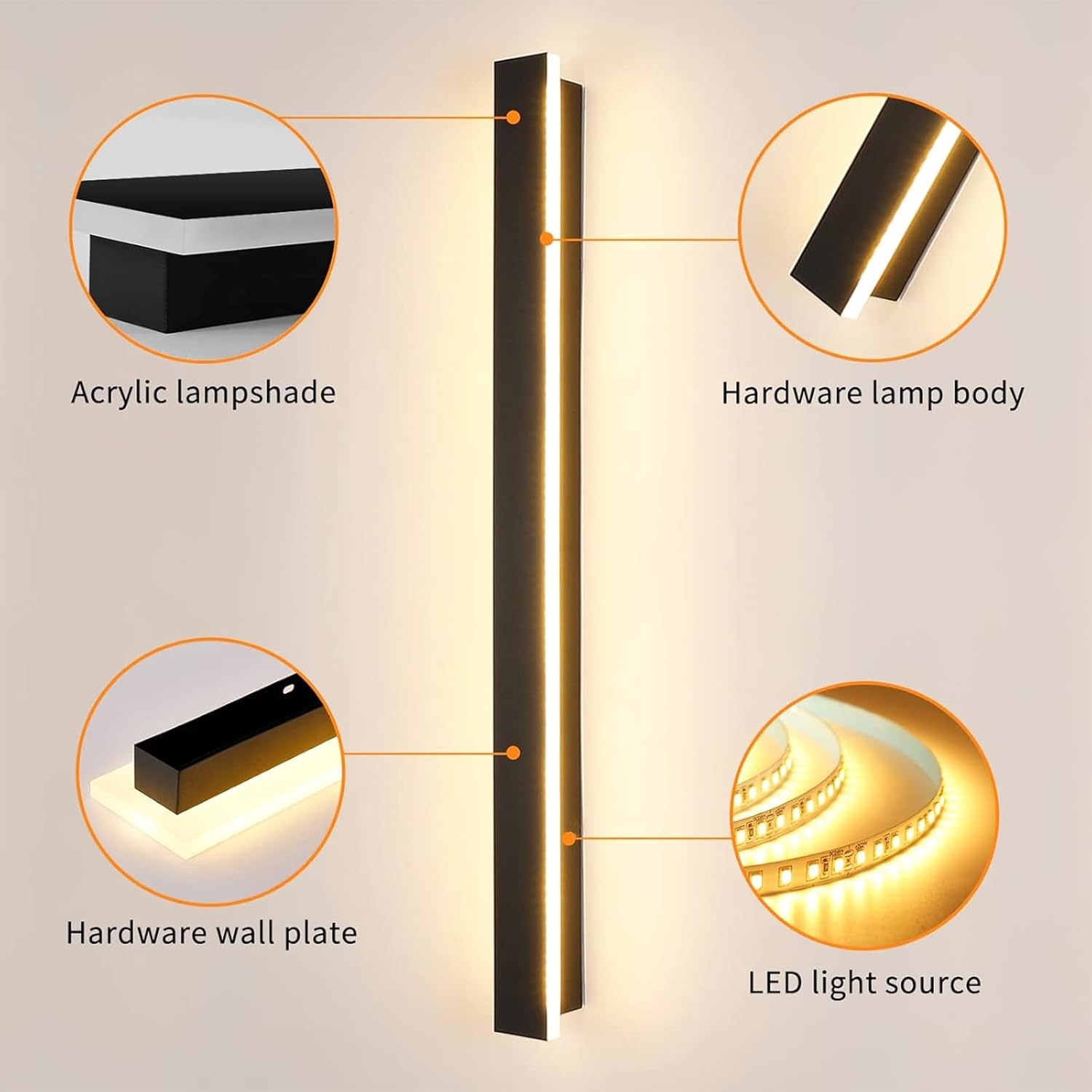 80CM Lange Wandlamp,28W LED-Muurlamp Binnen,Tricolor Verlichtingsmodus RA≥80 Woonkamerlamp,Zwarte Wandlamp voor Woonkamer Slaapkamer Trap Hal AV220V