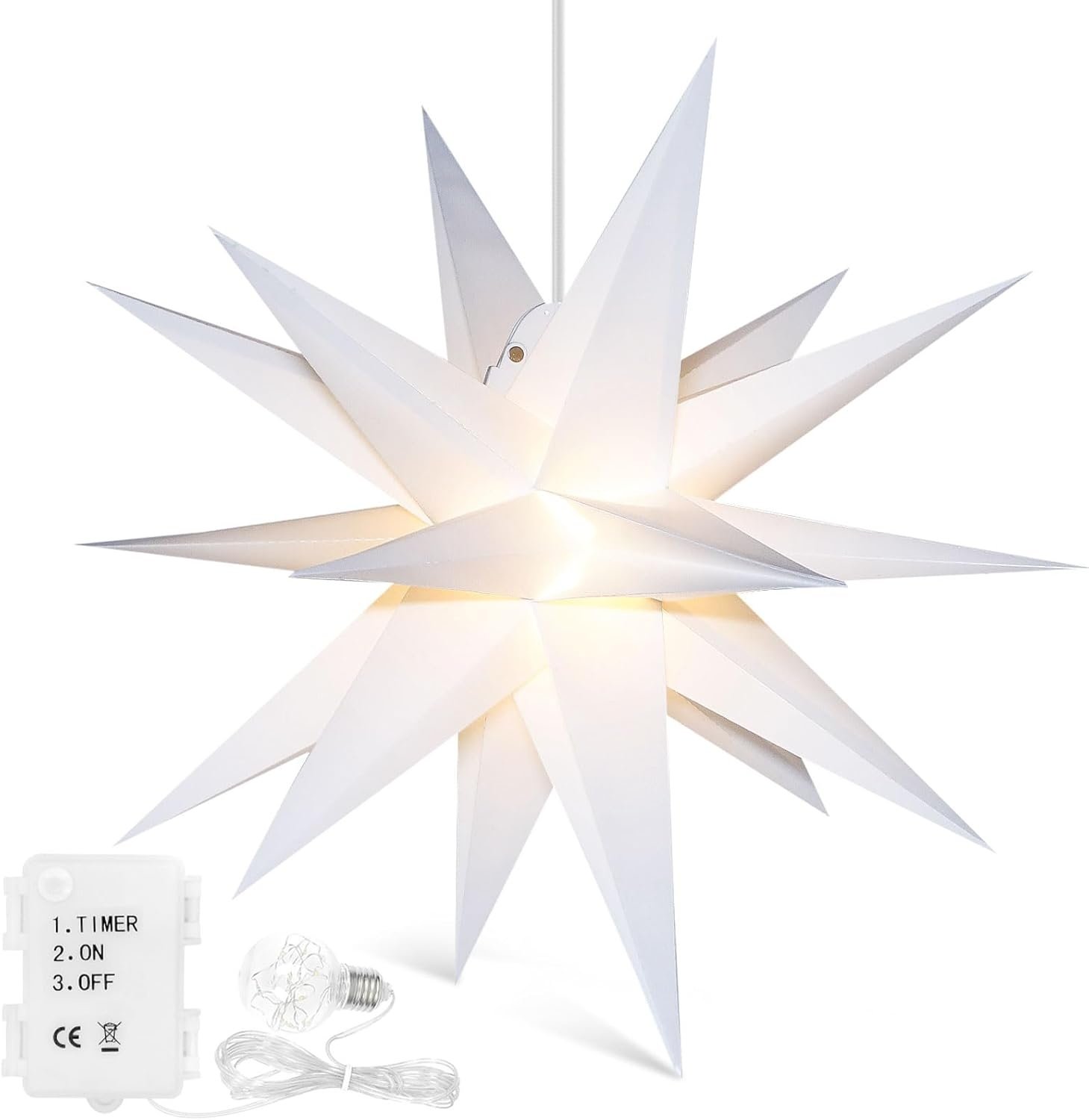 3D Kerstster Licht Buiten Kerst Decoratie - Qijieda 23 inch LED Christmas Star Light Batterij met Timer, Bethlehem Ster Gebruikt om Kerstbomen, Balkons, Binnenplaatsen te Versieren