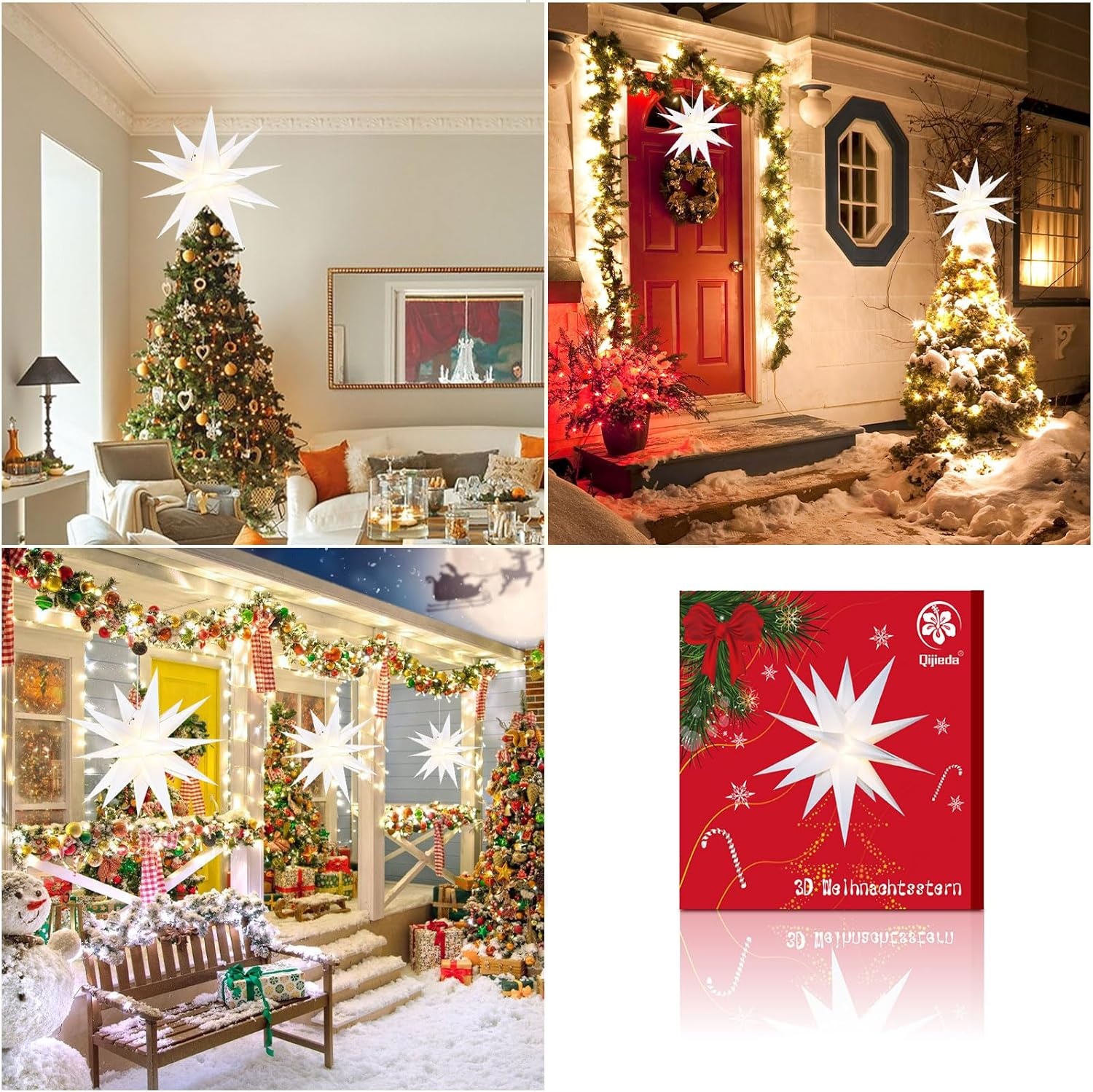 3D Kerstster Licht Buiten Kerst Decoratie - Qijieda 23 inch LED Christmas Star Light Batterij met Timer, Bethlehem Ster Gebruikt om Kerstbomen, Balkons, Binnenplaatsen te Versieren