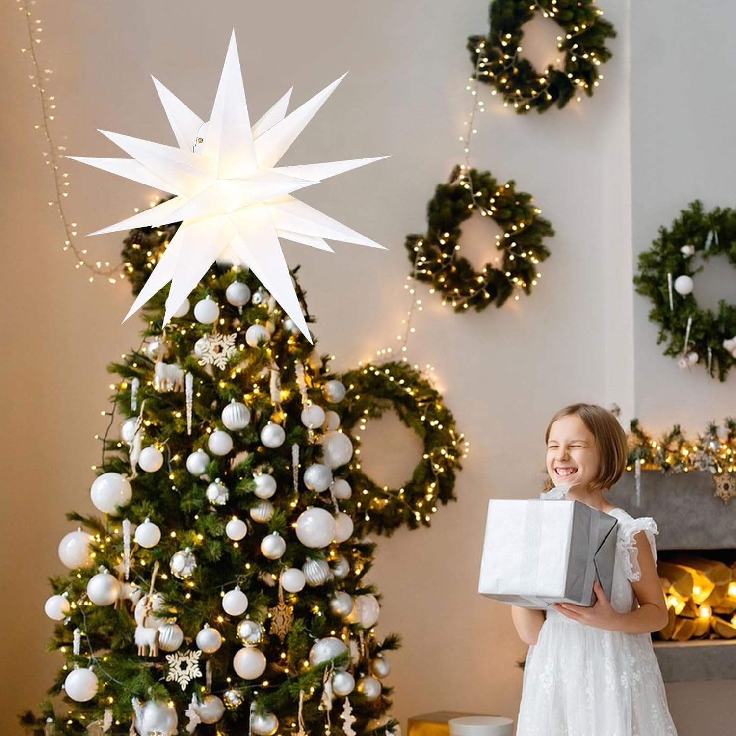 3D Kerstster Licht Buiten Kerst Decoratie - Qijieda 23 inch LED Christmas Star Light Batterij met Timer, Bethlehem Ster Gebruikt om Kerstbomen, Balkons, Binnenplaatsen te Versieren