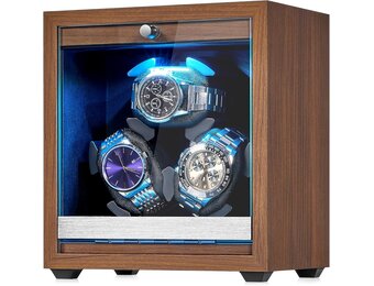 ANWBROAD JWW013M Horlogewinder voor automatische horloges, 3 horloge-rotatoren met led en 4 rotatiemodi, hout, superstil, Japanse motor, traagschuimkussen met adapter, cadeau voor man