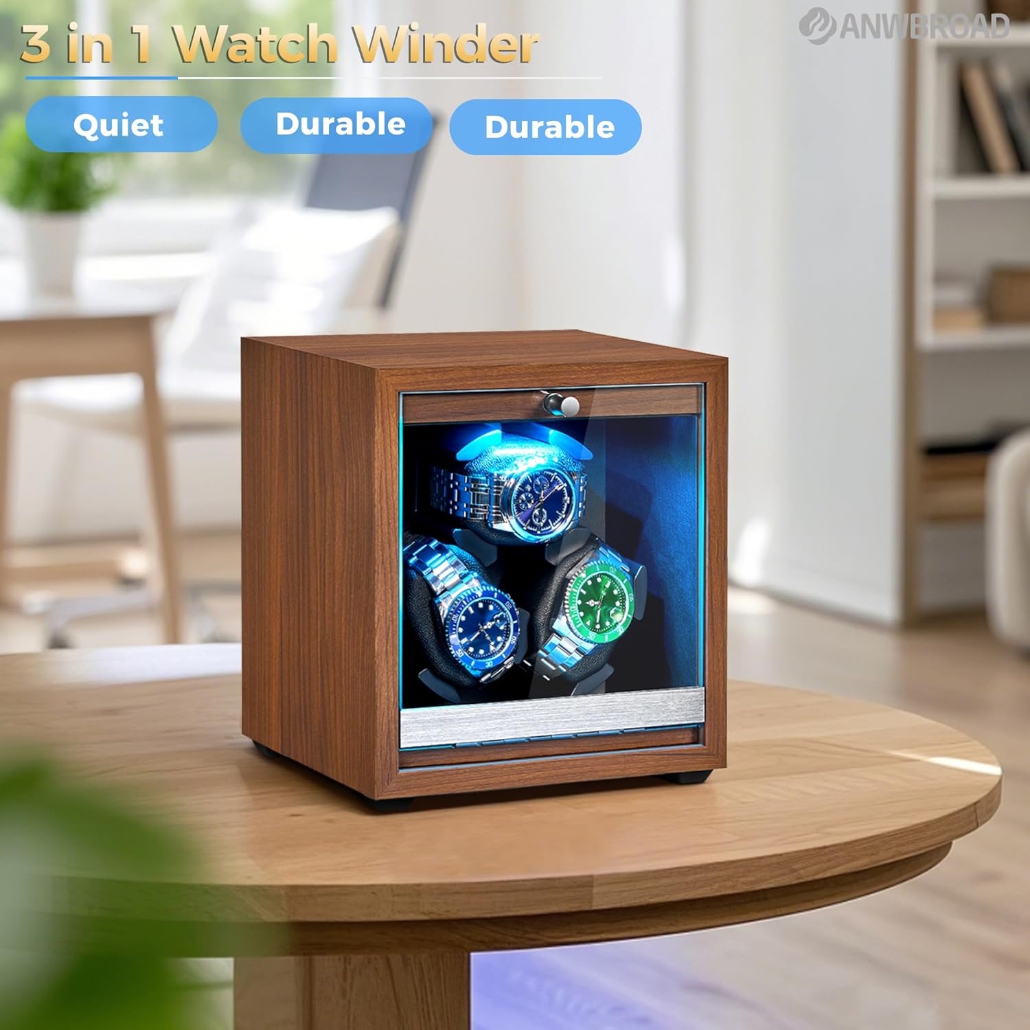 ANWBROAD JWW013M Horlogewinder voor automatische horloges, 3 horloge-rotatoren met led en 4 rotatiemodi, hout, superstil, Japanse motor, traagschuimkussen met adapter, cadeau voor man
