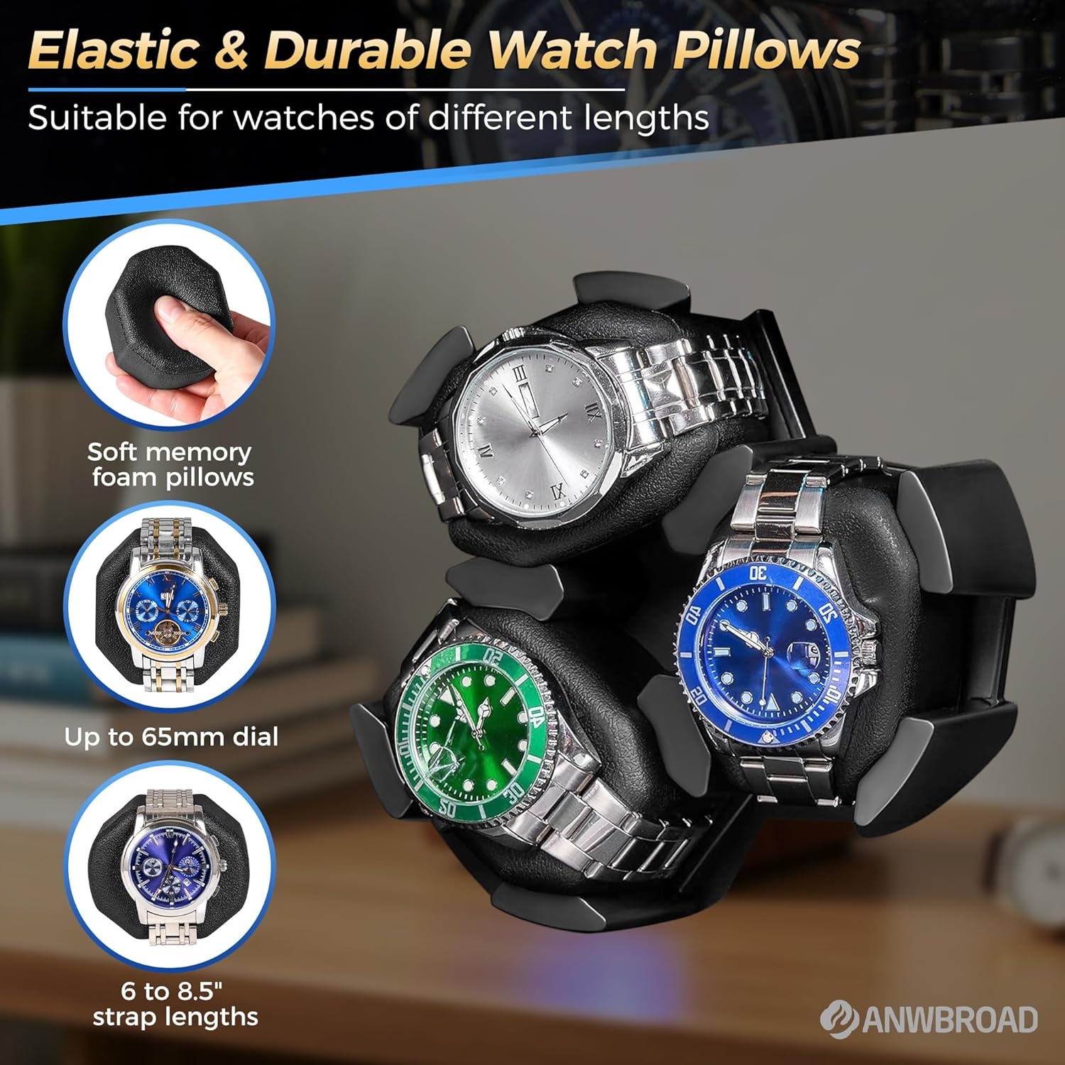 ANWBROAD JWW013M Horlogewinder voor automatische horloges, 3 horloge-rotatoren met led en 4 rotatiemodi, hout, superstil, Japanse motor, traagschuimkussen met adapter, cadeau voor man