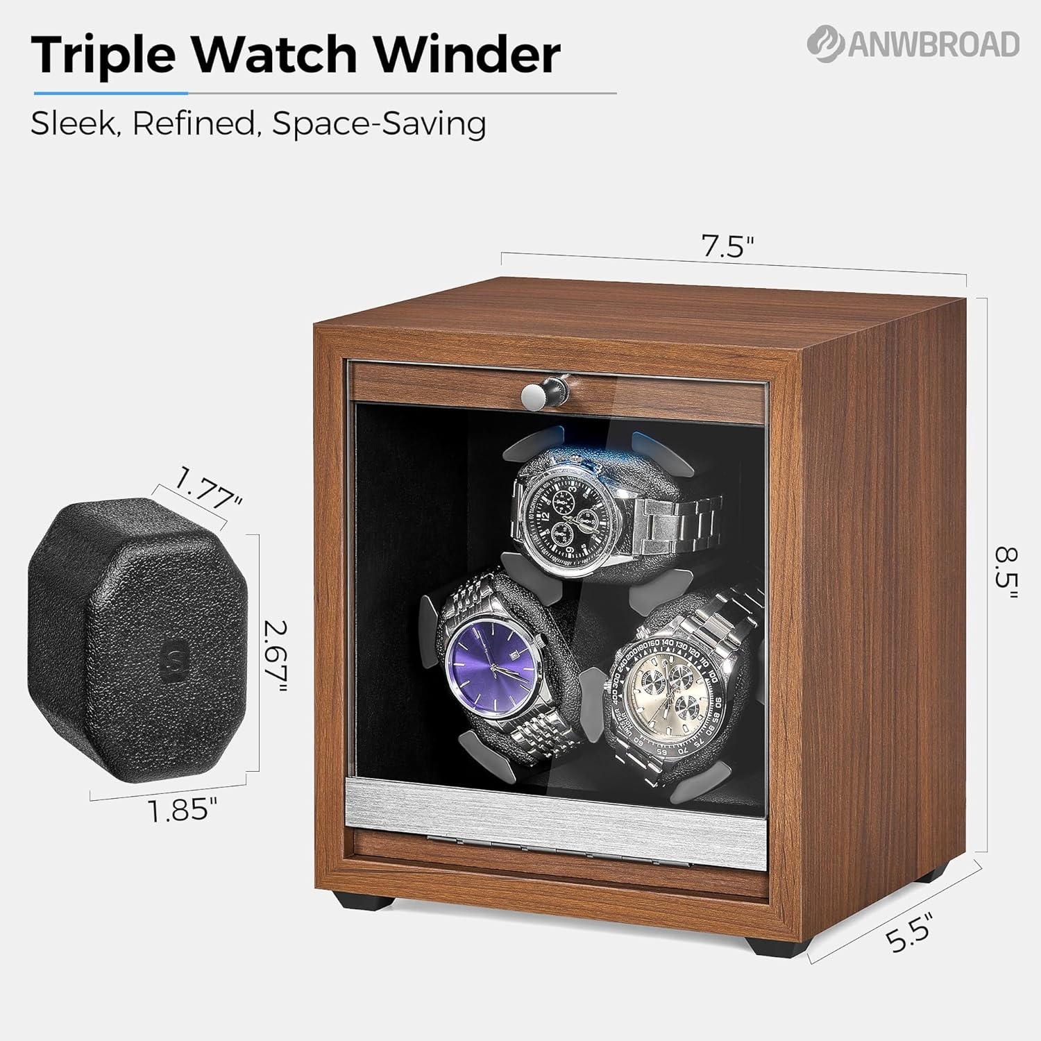 ANWBROAD JWW013M Horlogewinder voor automatische horloges, 3 horloge-rotatoren met led en 4 rotatiemodi, hout, superstil, Japanse motor, traagschuimkussen met adapter, cadeau voor man