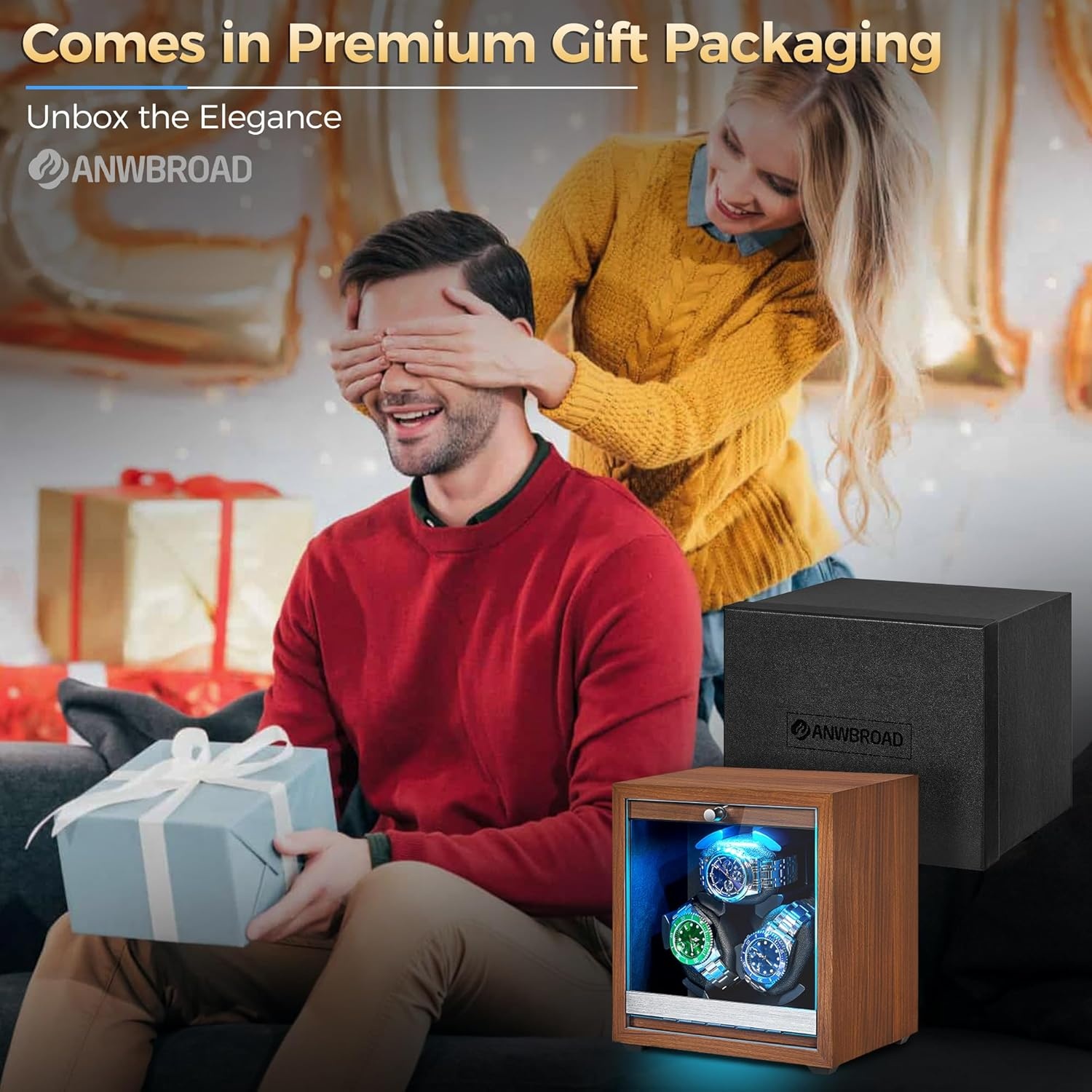 ANWBROAD JWW013M Horlogewinder voor automatische horloges, 3 horloge-rotatoren met led en 4 rotatiemodi, hout, superstil, Japanse motor, traagschuimkussen met adapter, cadeau voor man