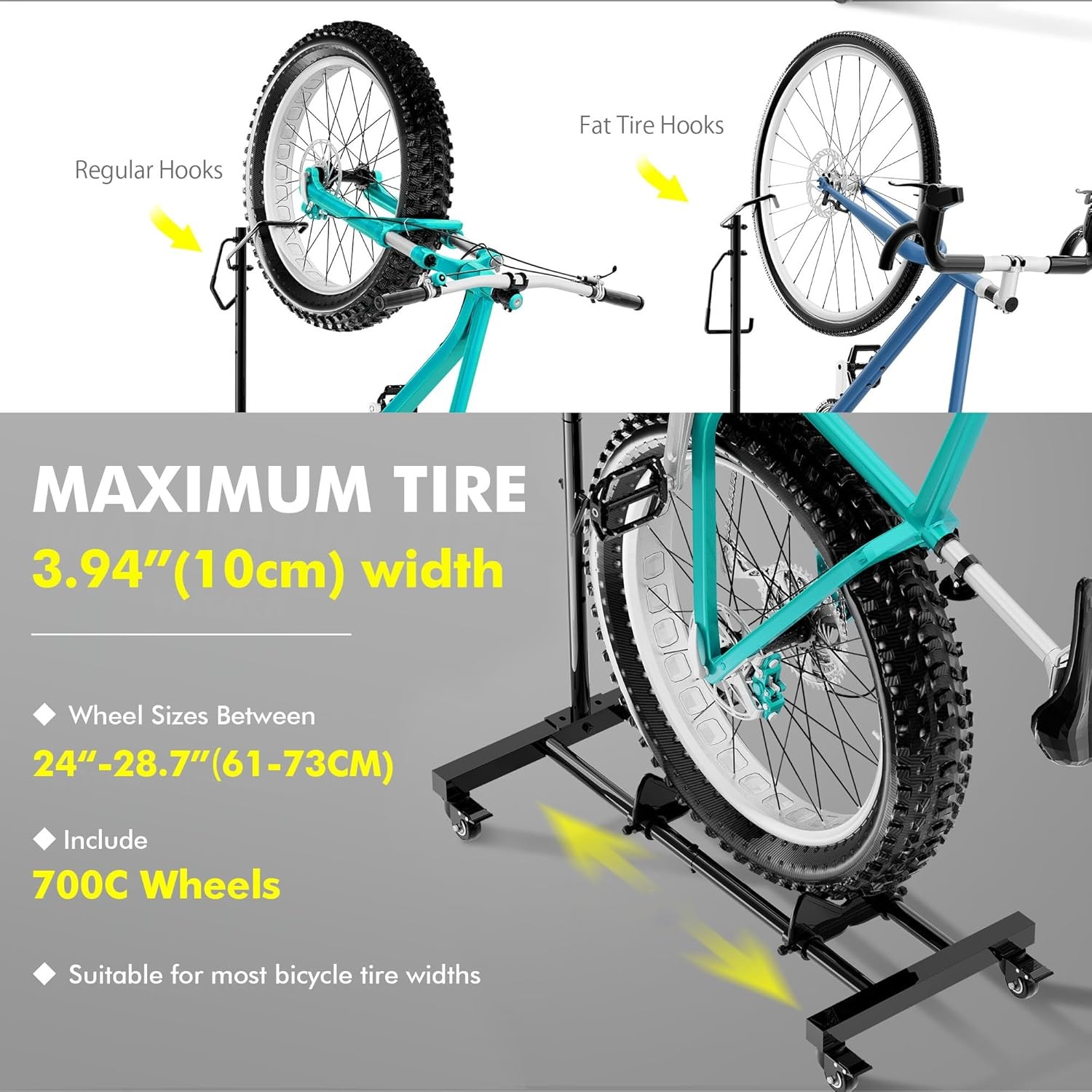 Mimoke Fietsstandaard met wieltjes, voor MTB- en racefietsen tot 29 inch, in hoogte verstelbaar, ruimtebesparend, ideaal voor woningen