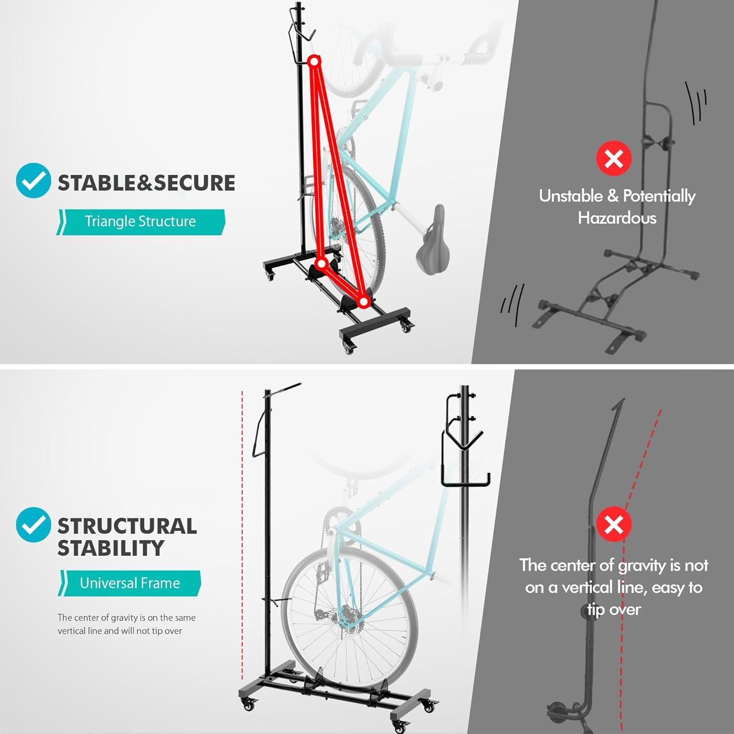 Mimoke Fietsstandaard met wieltjes, voor MTB- en racefietsen tot 29 inch, in hoogte verstelbaar, ruimtebesparend, ideaal voor woningen