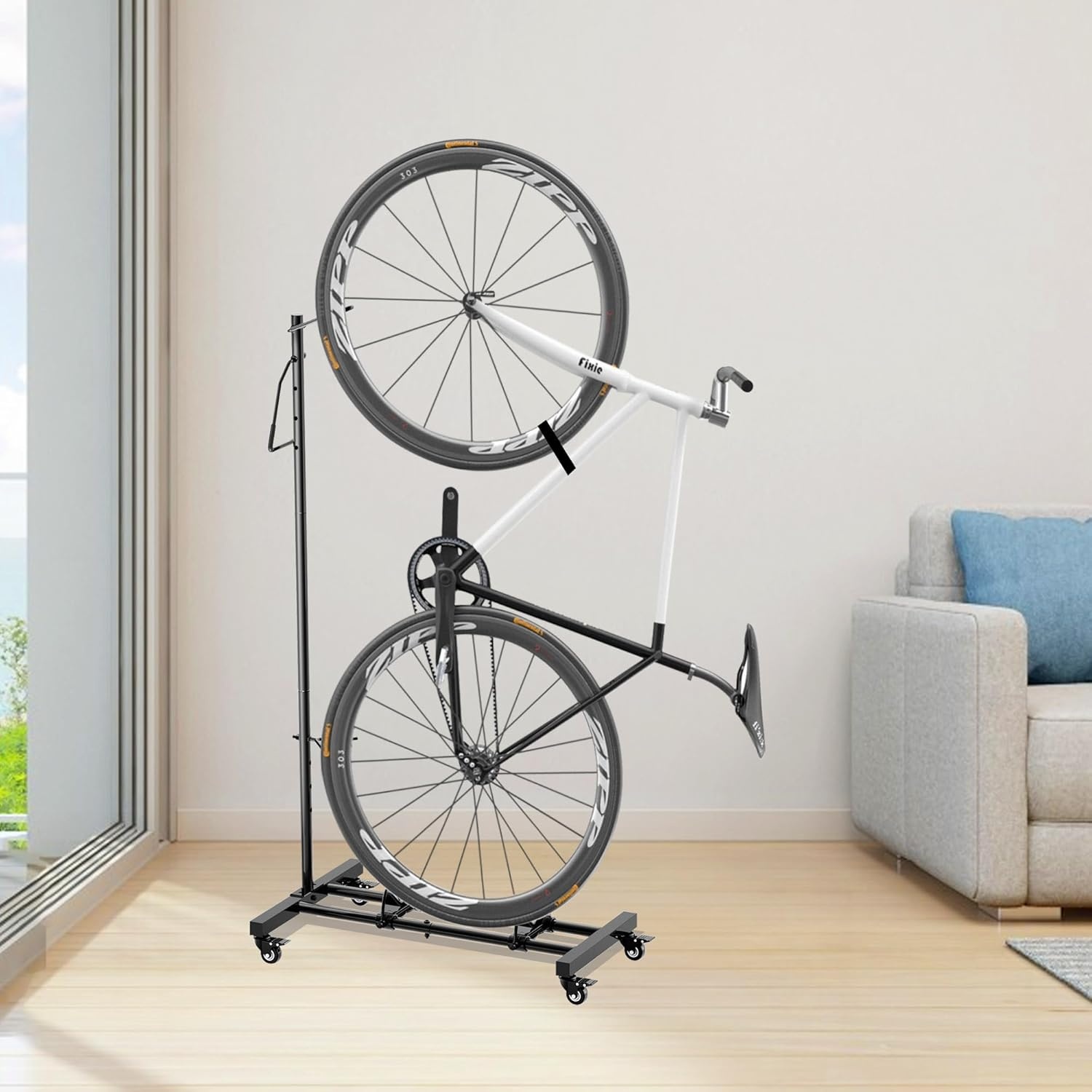 Mimoke Fietsstandaard met wieltjes, voor MTB- en racefietsen tot 29 inch, in hoogte verstelbaar, ruimtebesparend, ideaal voor woningen