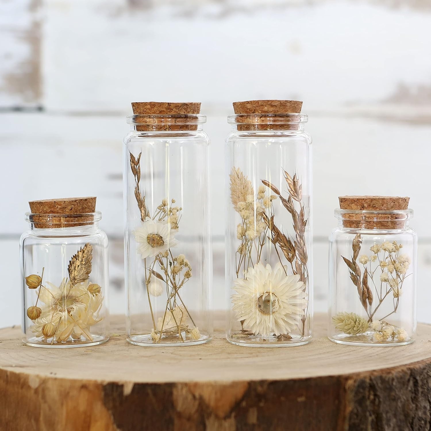 Set van 4 droogbloemen in glas met kurk - Natuurlijk