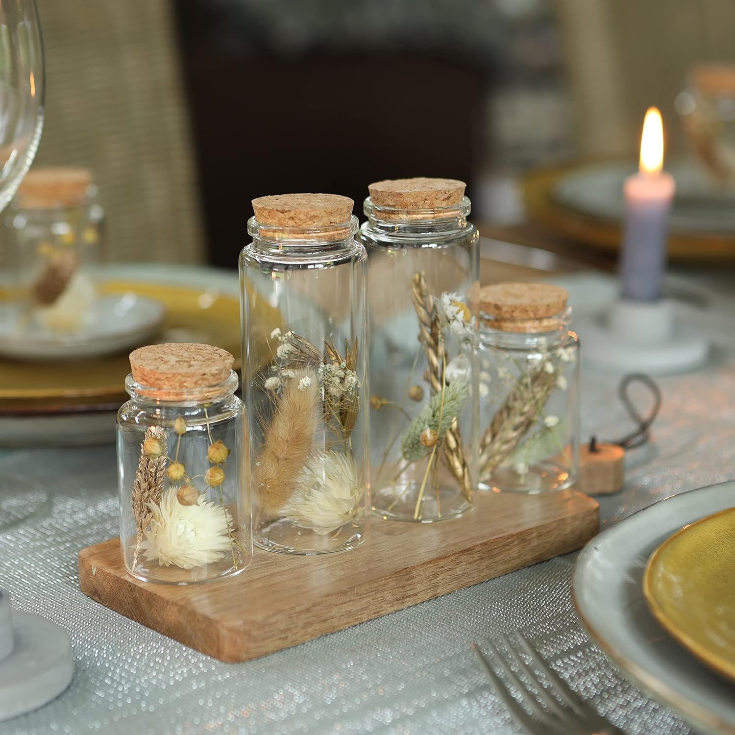 Set van 4 droogbloemen in glas met kurk - Natuurlijk