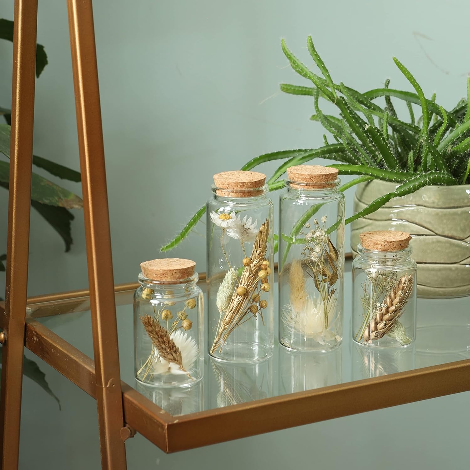 Set van 4 droogbloemen in glas met kurk - Natuurlijk