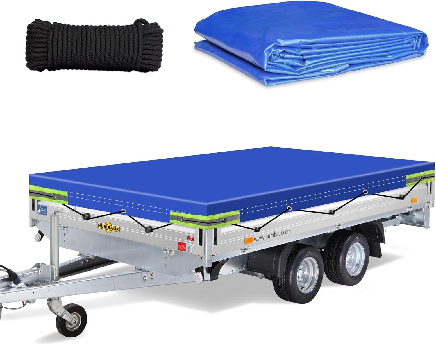 Platte Aanhangertarp 500g PVC, Waterdicht en Scheurvast, met Reflecterende Strepen (208 x 114 x 10 cm)