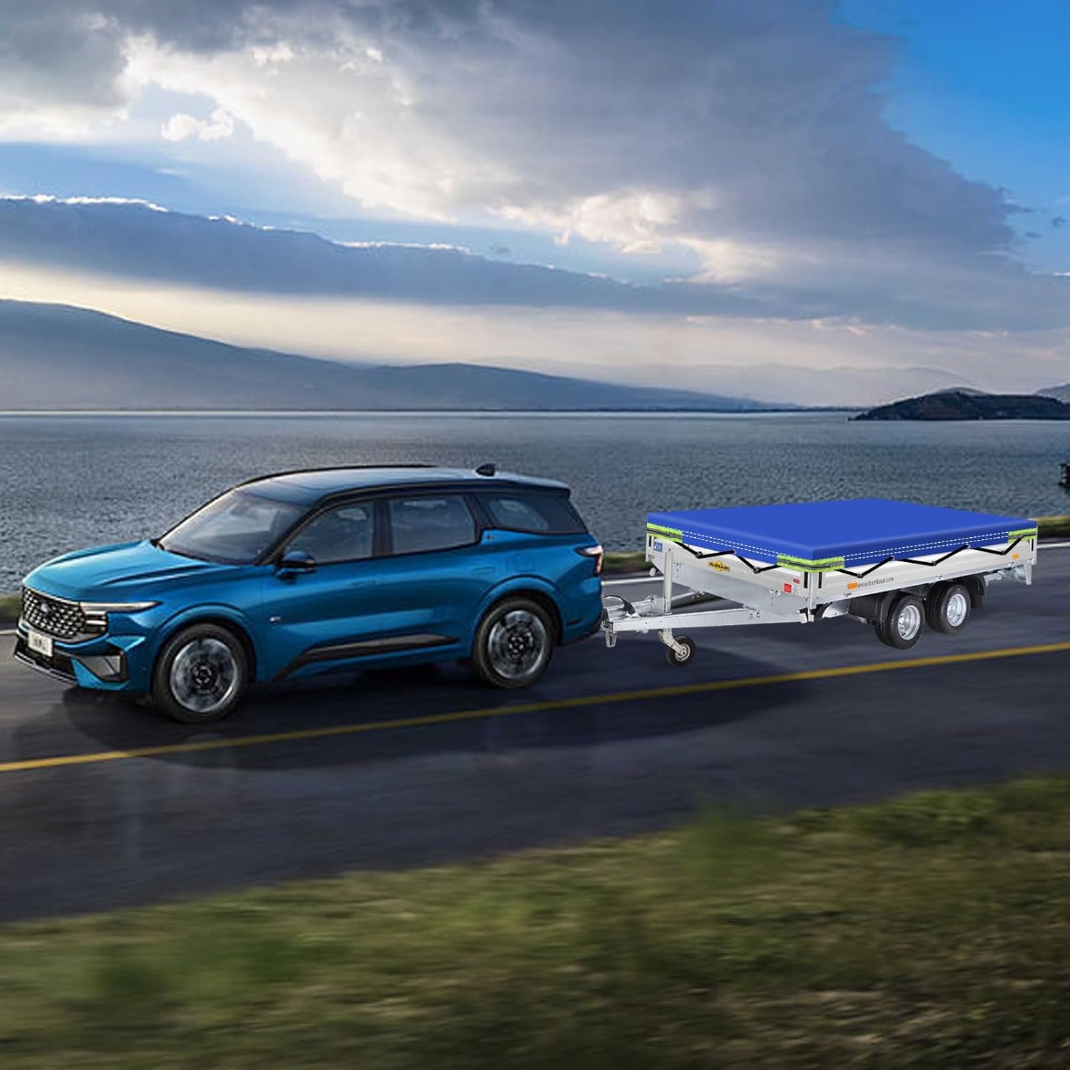 Platte Aanhangertarp 500g PVC, Waterdicht en Scheurvast, met Reflecterende Strepen (208 x 114 x 10 cm)