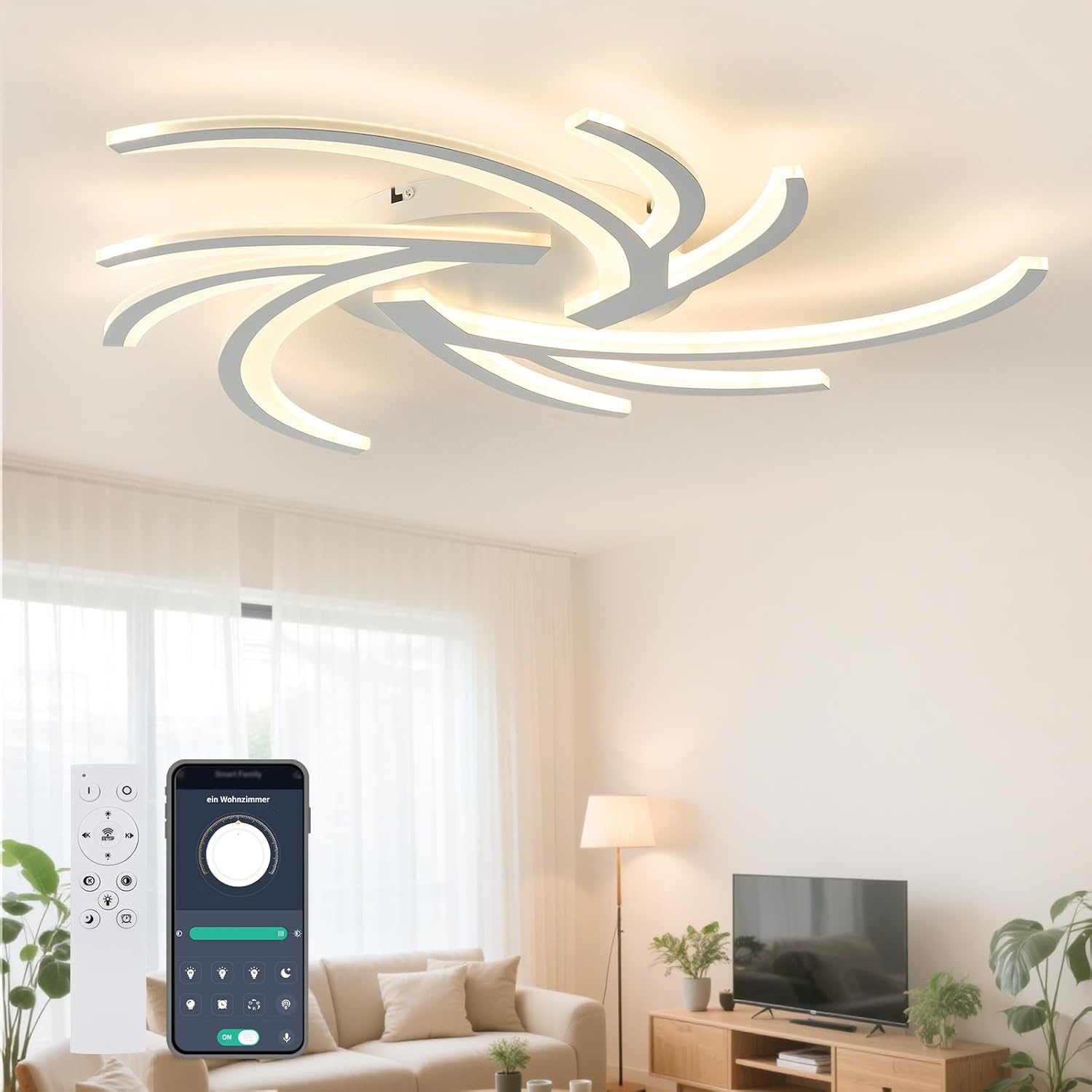 Led-plafondlamp, dimbaar, led-woonkamerlamp met afstandsbediening, app-kleurverandering, moderne woonkamerlamp, plafondlamp, energiebesparend, dimbaar, plafondverlichting (wit, 5 koppen)