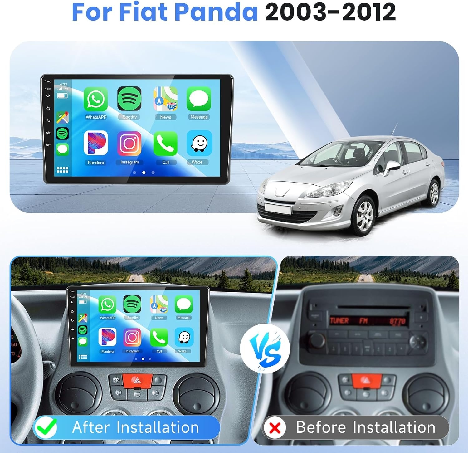 Podofo Carplay Autoradio voor Fiat Panda 2003-2012, 9” Touchscreen Autoradio 2G+64G met Wireless Carplay Android Auto, Bluetooth/GPS/WiFi/FM/SWC/HiFi/USB+Roercamera