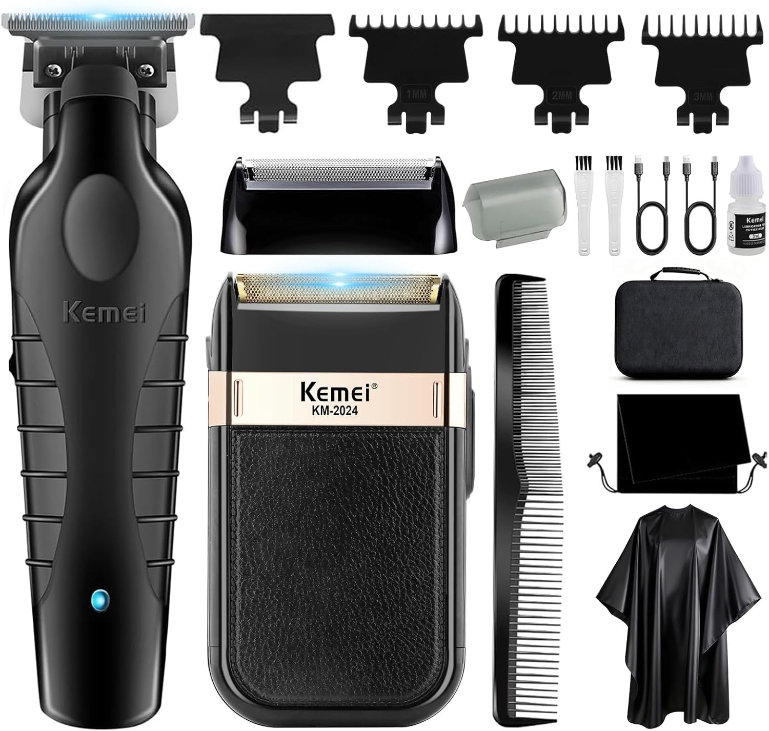 KEMEI Professionele Haar- en Baardtrimmer Set met Scheerapparaat, Draadloos, T-Blade, USB Oplaadbaar
