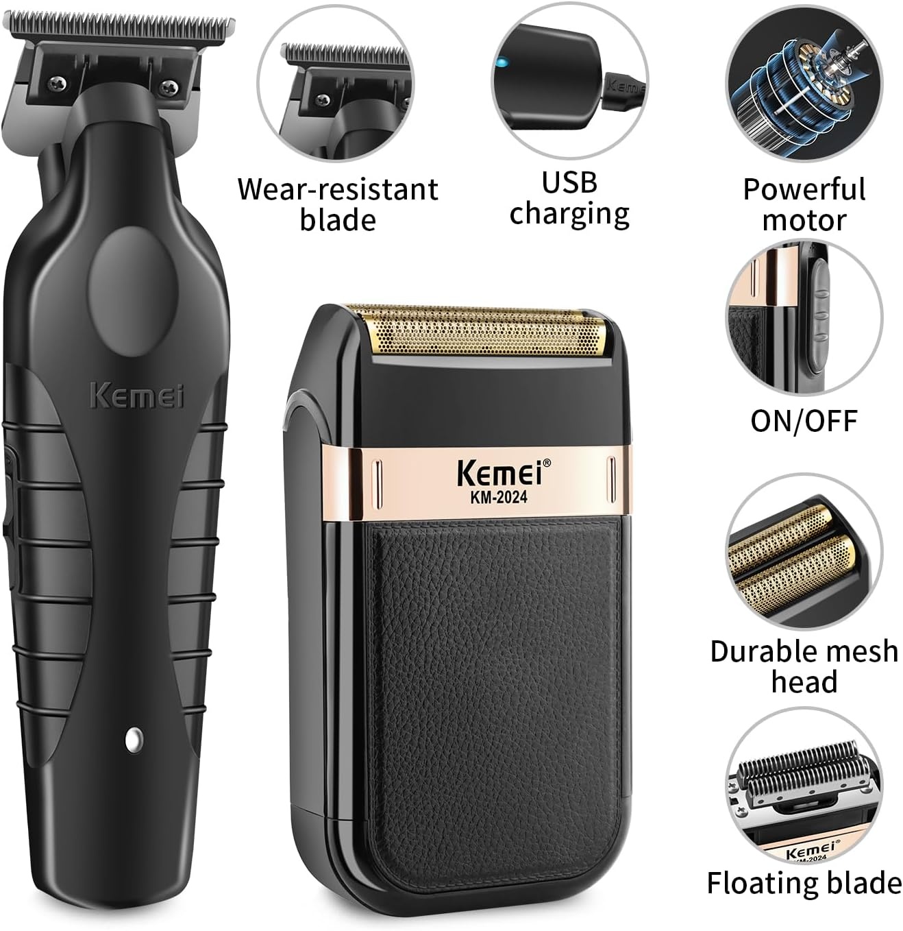 KEMEI Professionele Haar- en Baardtrimmer Set met Scheerapparaat, Draadloos, T-Blade, USB Oplaadbaar