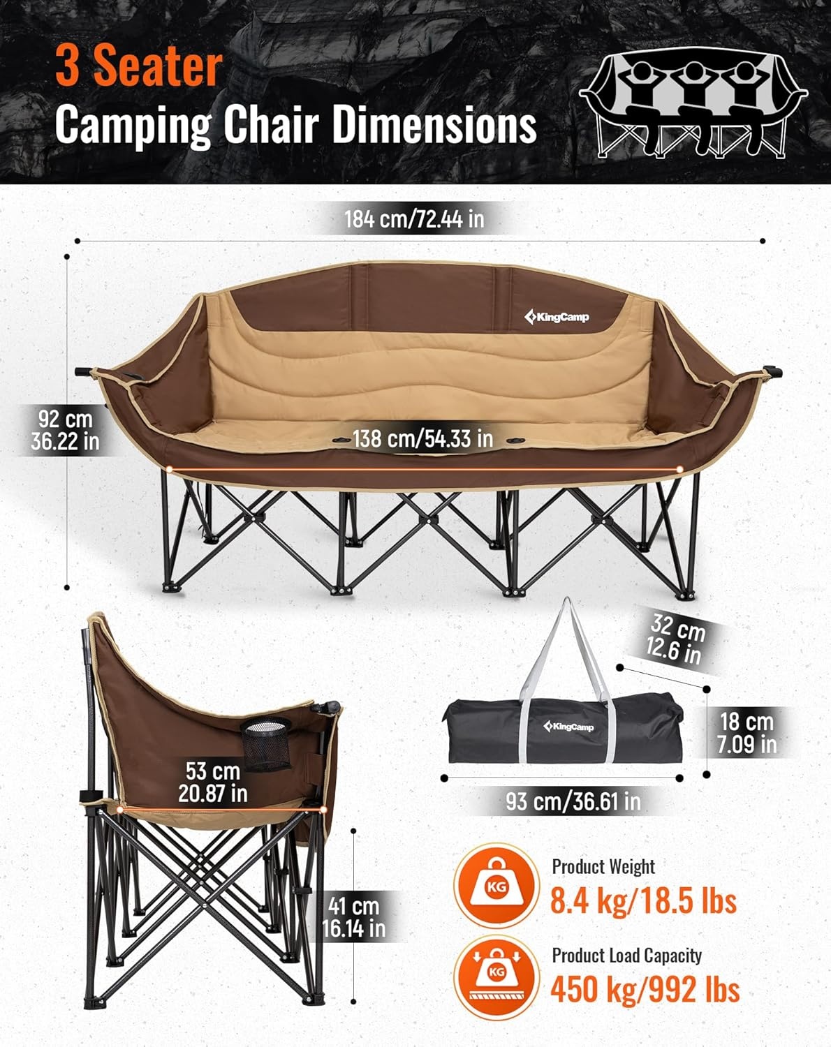 KingCamp Dubbele Campingstoel Khaki - 3 Personen, 450 kg draagvermogen, opvouwbaar