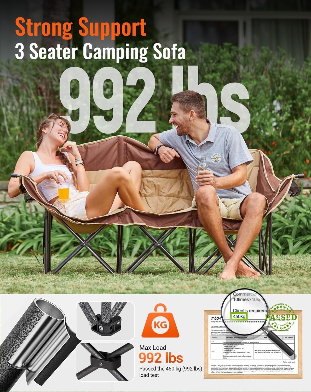 KingCamp Dubbele Campingstoel Khaki - 3 Personen, 450 kg draagvermogen, opvouwbaar