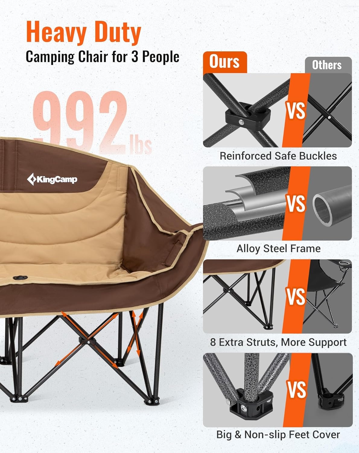 KingCamp Dubbele Campingstoel Khaki - 3 Personen, 450 kg draagvermogen, opvouwbaar